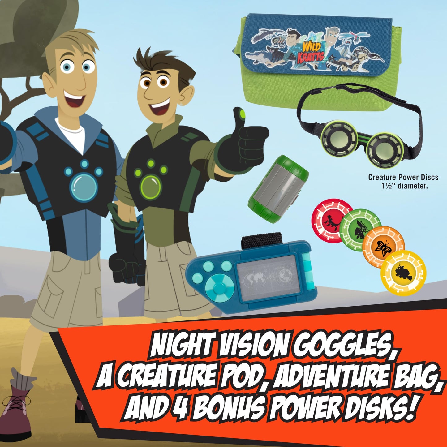 Jazwares Wild Kratts Adventure Playset - 8pc Set with Goggles, Creature Pod, Power Discs & More, Green Pretend Play Accessories for Kids