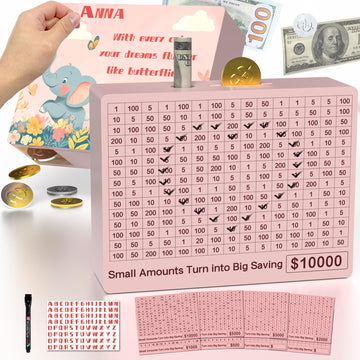 Personalized 10000 Savings Challenge Box With 8 Targets($500-5000), Reusable Wooden Money Saving Box 10000 With Easy-Pull Door,W