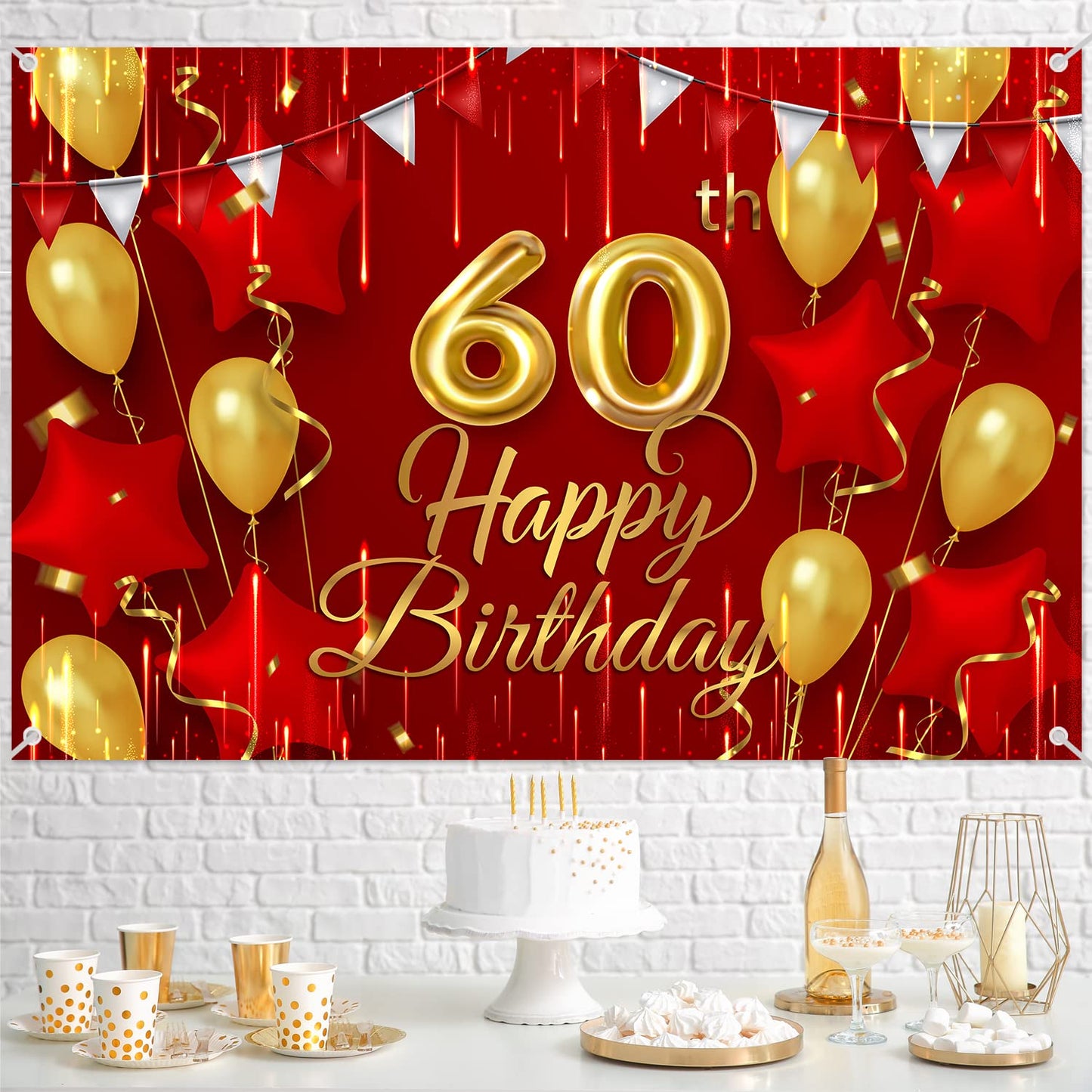 60Th Birthday Backdrop Banner Decorations Red And Gold For Women Men Happy 60 Years Old Bday Background Photography Party Decor Sign Supplies