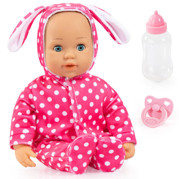 Bayer: Anna First Words Baby Doll - 15 Bunny Pink & White Polka Dot Onesie - Speaks & Open/Closes Eyes, Pacifier & Bottle