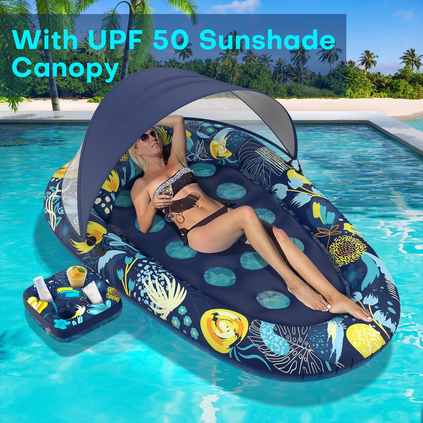 Sunikko X 3-In-1 Pool Floats Lounge, Inflatable Pool Floats For Adults With Canopy And Cup Holder, Flower Star Style