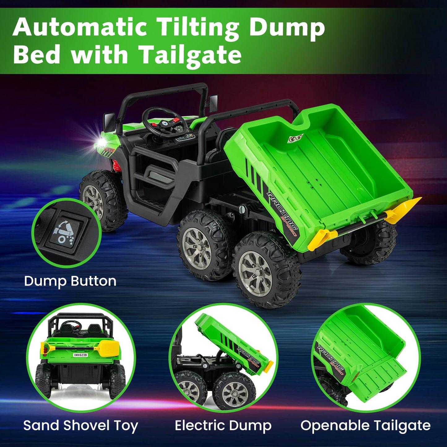 Olakids 24V 2 Seater Ride On Dump Truck, 4Wd 6X6 Battery Powered Kids Utv With Remote Control, 4 X 90W Engine, Electric Dump Bed, Spring Suspension, Ride On Toys For Big Kids (Green)
