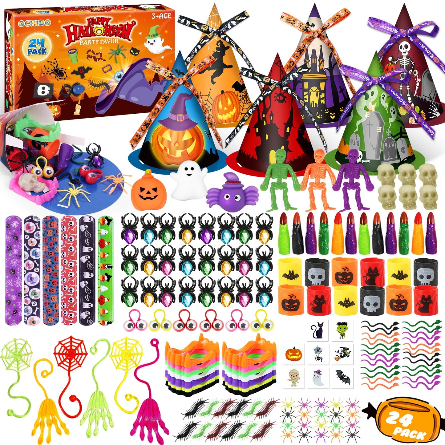 OCHIDO 234PCS Halloween Party Favors for Kids, 24 Pack Witch Hat Treats Bags Fillers, Halloween Toys Bulk for Trick or Treat, Ha