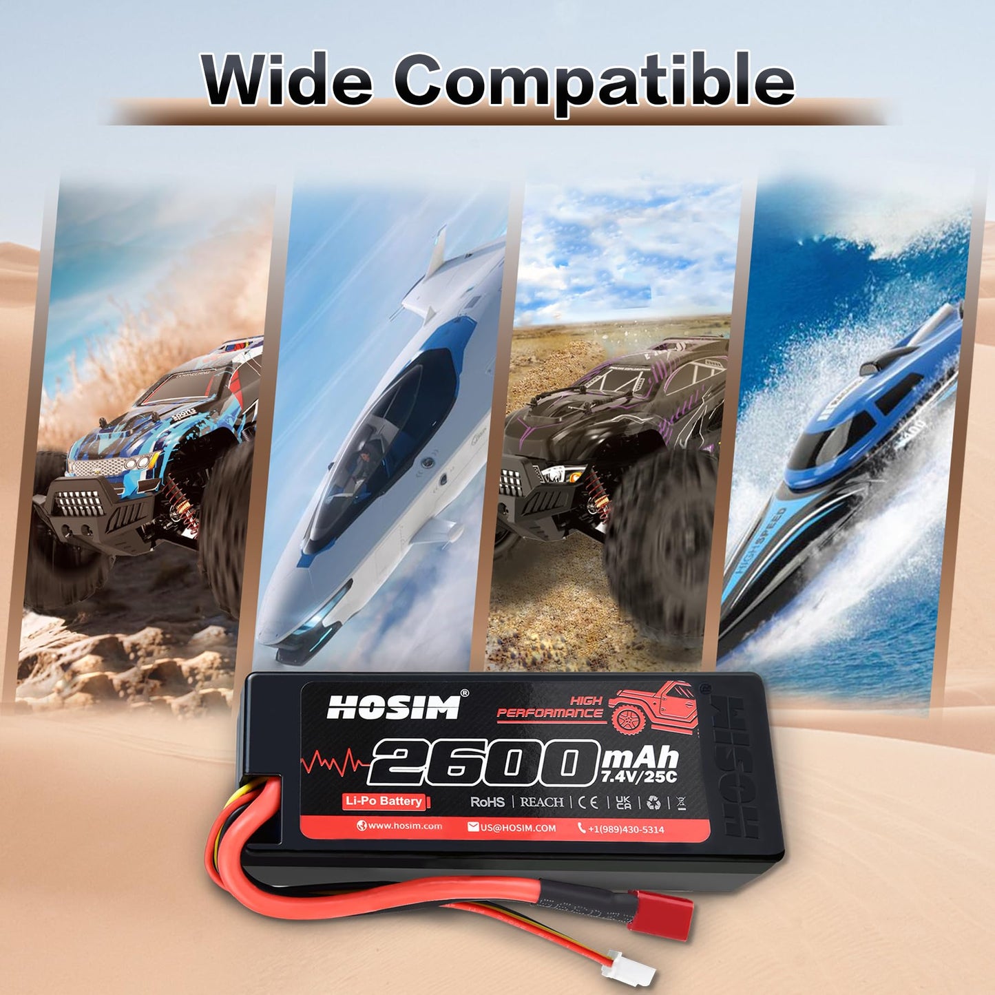 Hosim 2Pcs 2S 7.4V 2600Mah Lipo Battery 25C With 2 Usb Chargers, 1 Battery Bag & 1 Strap For Brushless Rc Car Truck Rc Vehicles