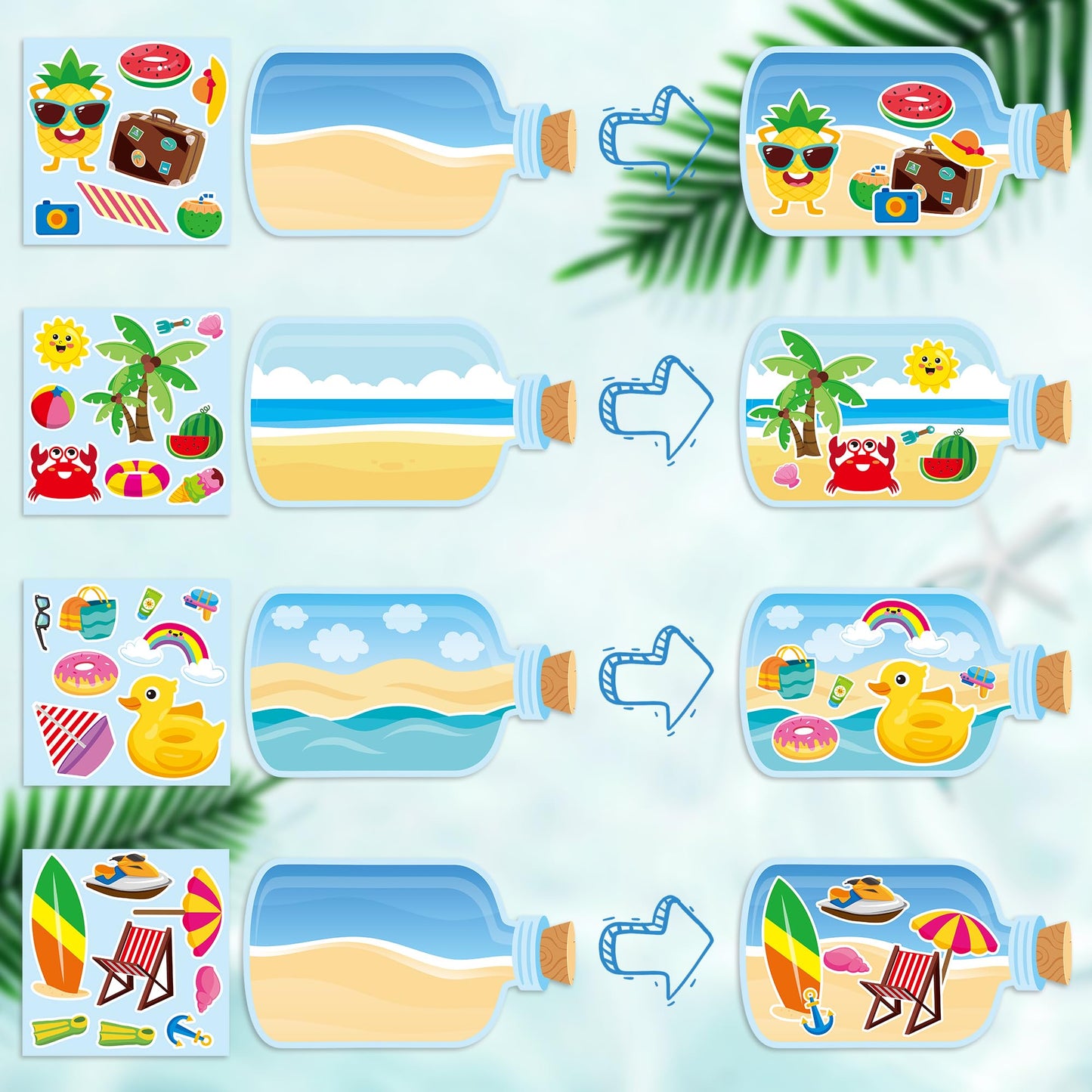 Cy2Side Summer Beach Stickers Scene - 12Pcs Summer Drifting Bottles Sticker Scene Art Craft For Kid Make Your Own Beach Sticker Scene With Pineapple Flamingo Diy Hawaii Party Game Class Fun Activities