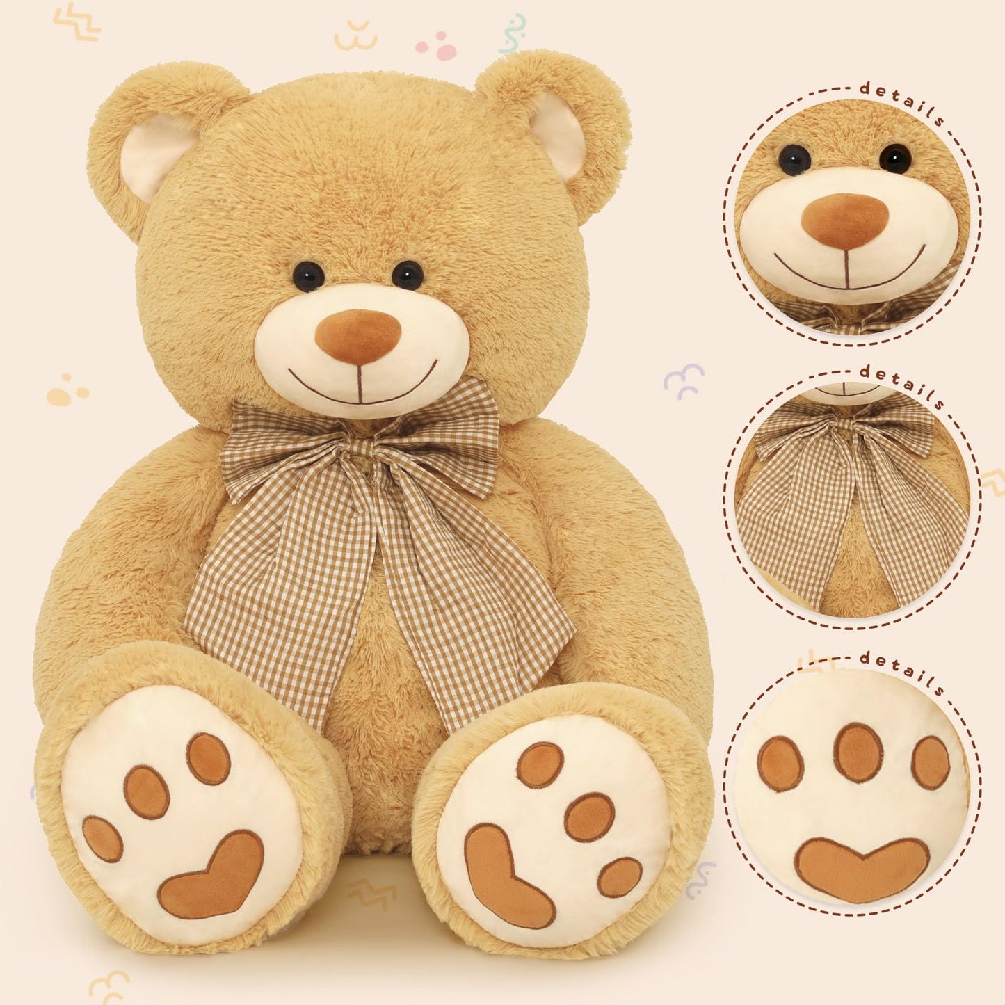 Morismos 4 Feet Giant Teddy Bear Stuffed Animal, 47' Large Tan Teddy Bear Plush With Footprints And Big Bow, Valentines Christmas For Girlfriend, Wife, Girls, Baby Shower Decor
