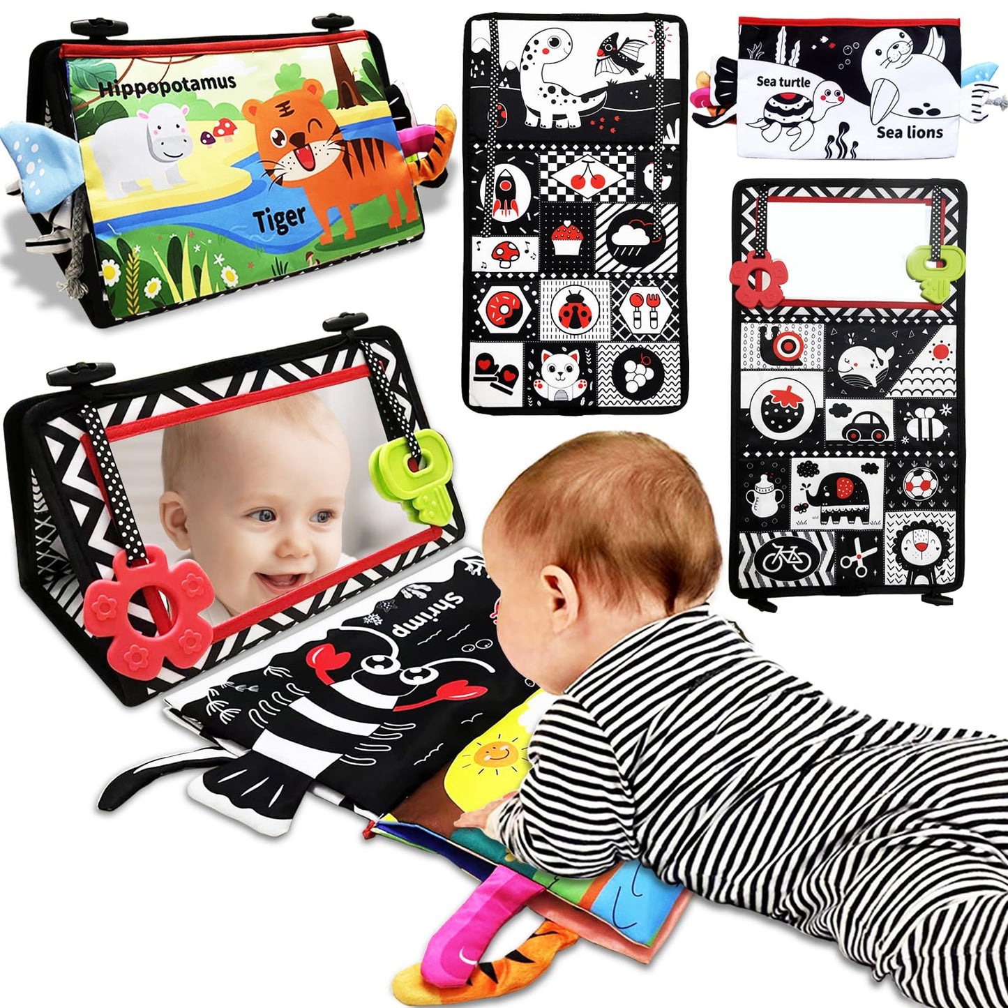 Tummy Time Mirror Newborn Toys: Black And White Infant Tummy Time Toys 0-3 0-6 6-12 Months Babies High Contrast Baby Toy With Ba
