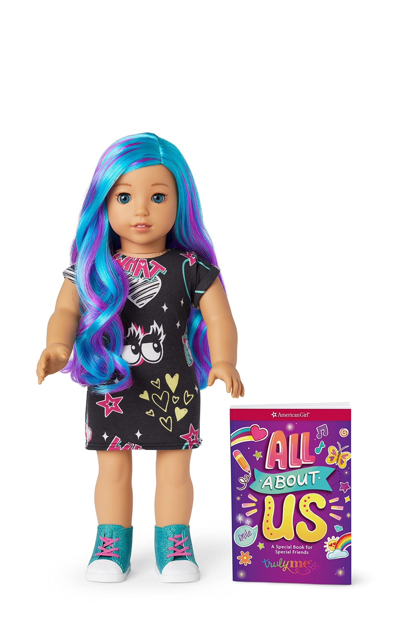 American Girl Truly Me 18-Inch Doll 119 With Light-Blue Eyes, Wavy Blue-And-Purple Hair, Light-To-Medium Skin With Warm Undertones, Black Printed T-Shirt Dress