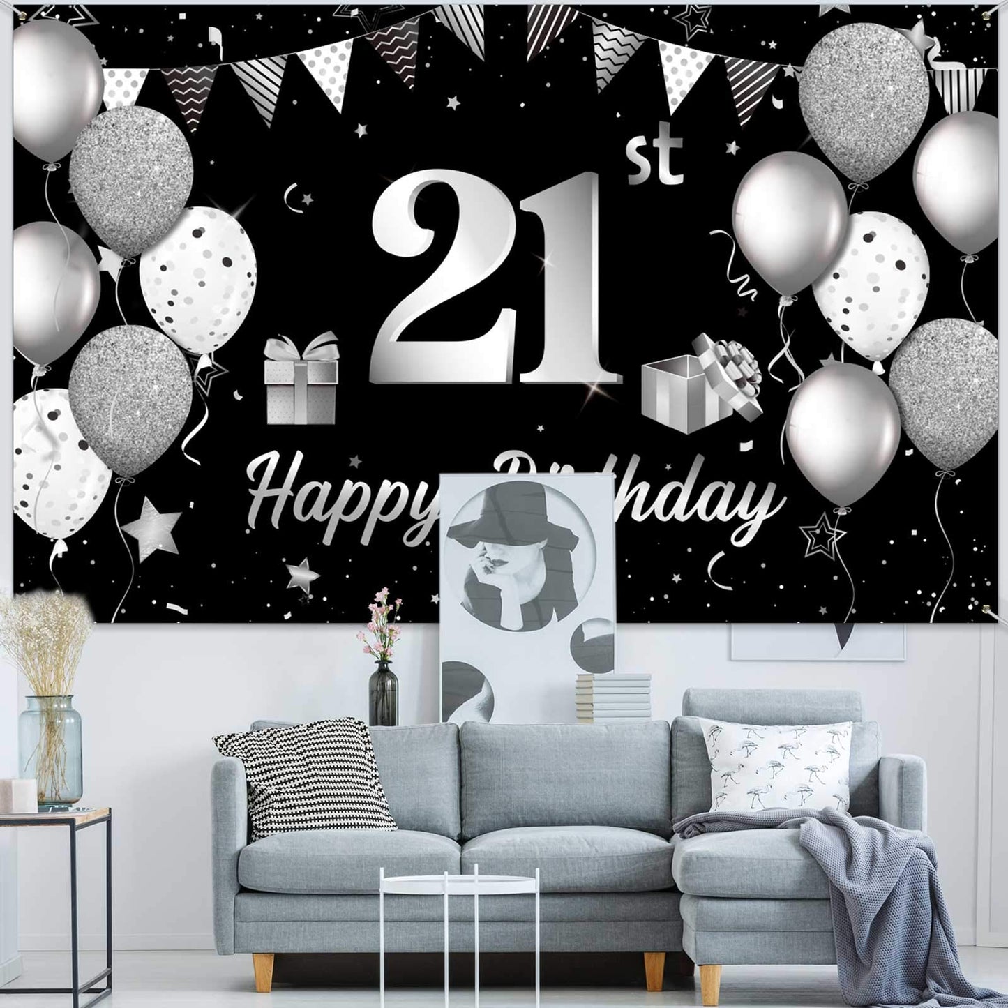 Blulu Extra Large 21st Birthday Backdrop Banner, Silver Polyester, 72.8 x 43.3 Inch, Model Blulu-Backdrop Banner-35