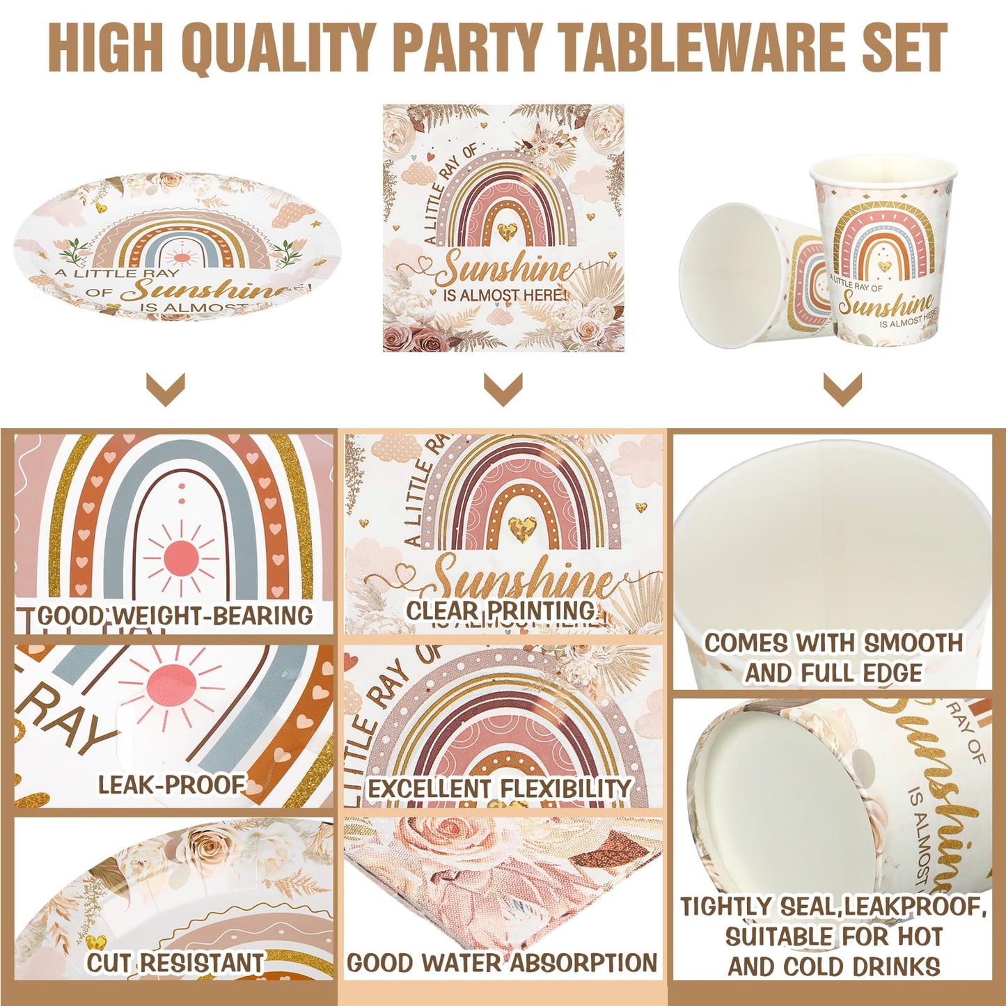 Hushee 200 Pcs Rainbow Baby Shower Paper Plates Napkins Cups Baby Shower Party Supplies Tableware Set Boho Disposable Cup Napkin