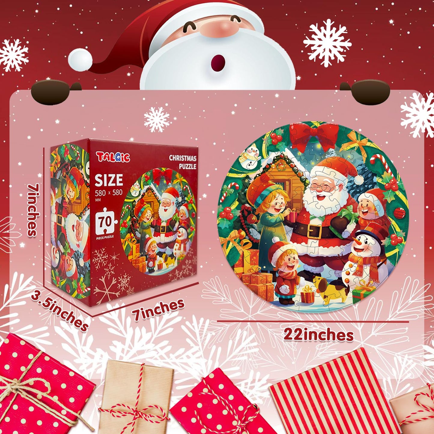 Talgic 70 Piece Christmas Puzzle With Santa Claus & Snowman, Large Round Floor Puzzles For Kids Ages 4-8, 3-5 And Up, Holiday And Christmas Jigsaw Puzzles, Wonderful Kids Puzzles Gift For Christmas