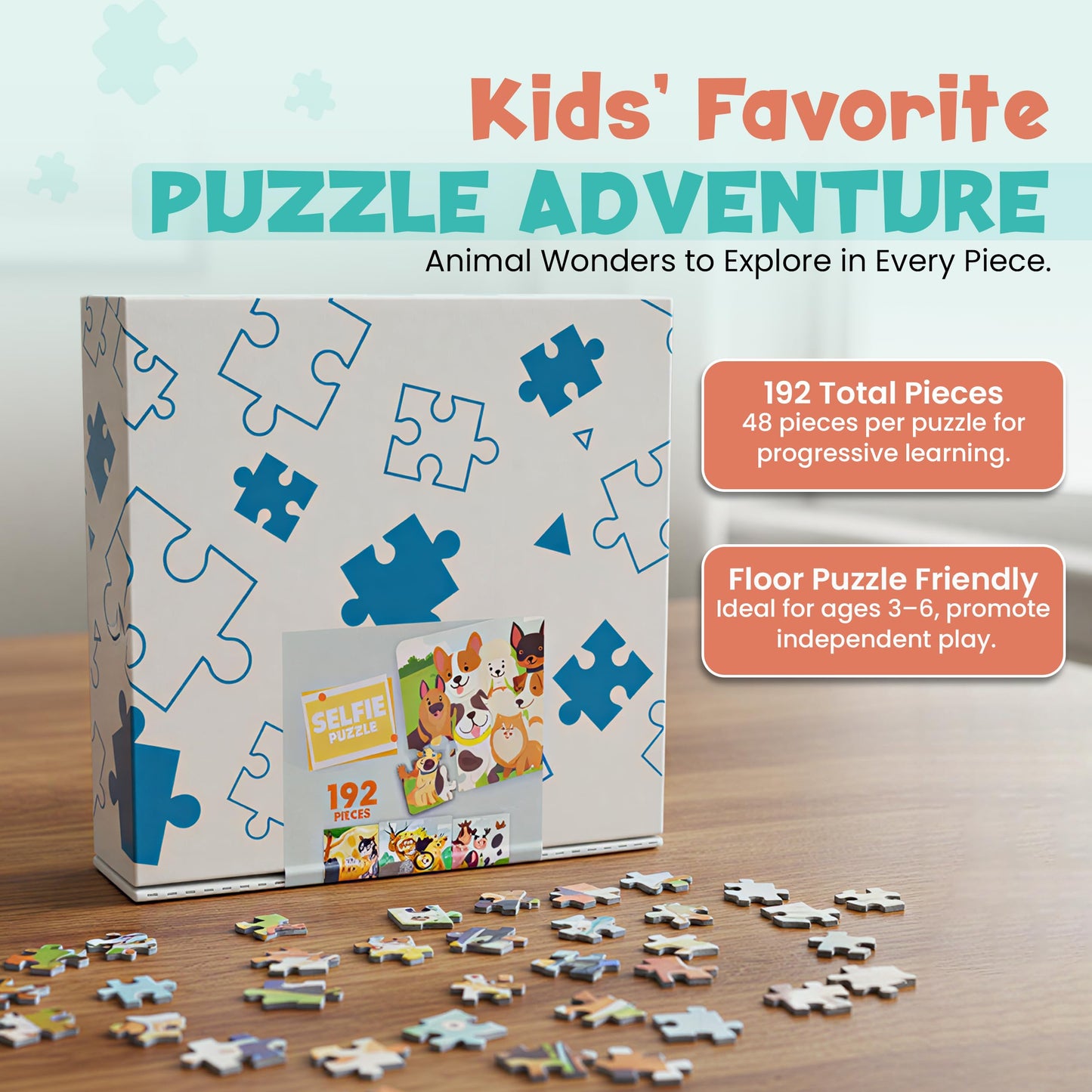 Jumbo Wooden Floor Puzzle for Kids Ages 3-5 - 4 Pack Animal Puzzles, 48 Piece Each |Educational Preschool Toddler Puzzle Gift Se