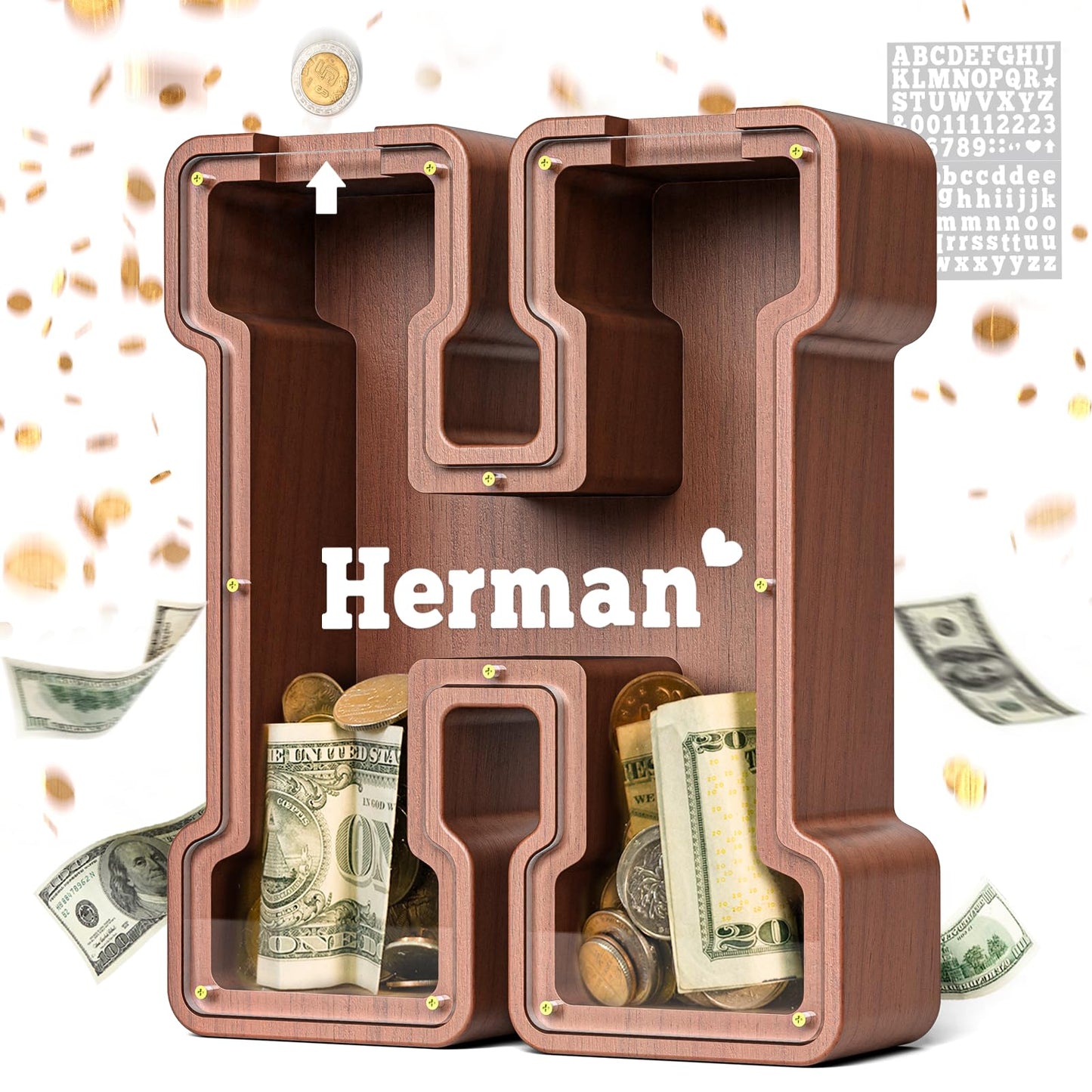 Summidate Wooden Letter Piggy Bank, Extra Thick Large Capacity Piggy Bank For Kids Boys Girls Toddler, Alphabet H Money Bank| Co