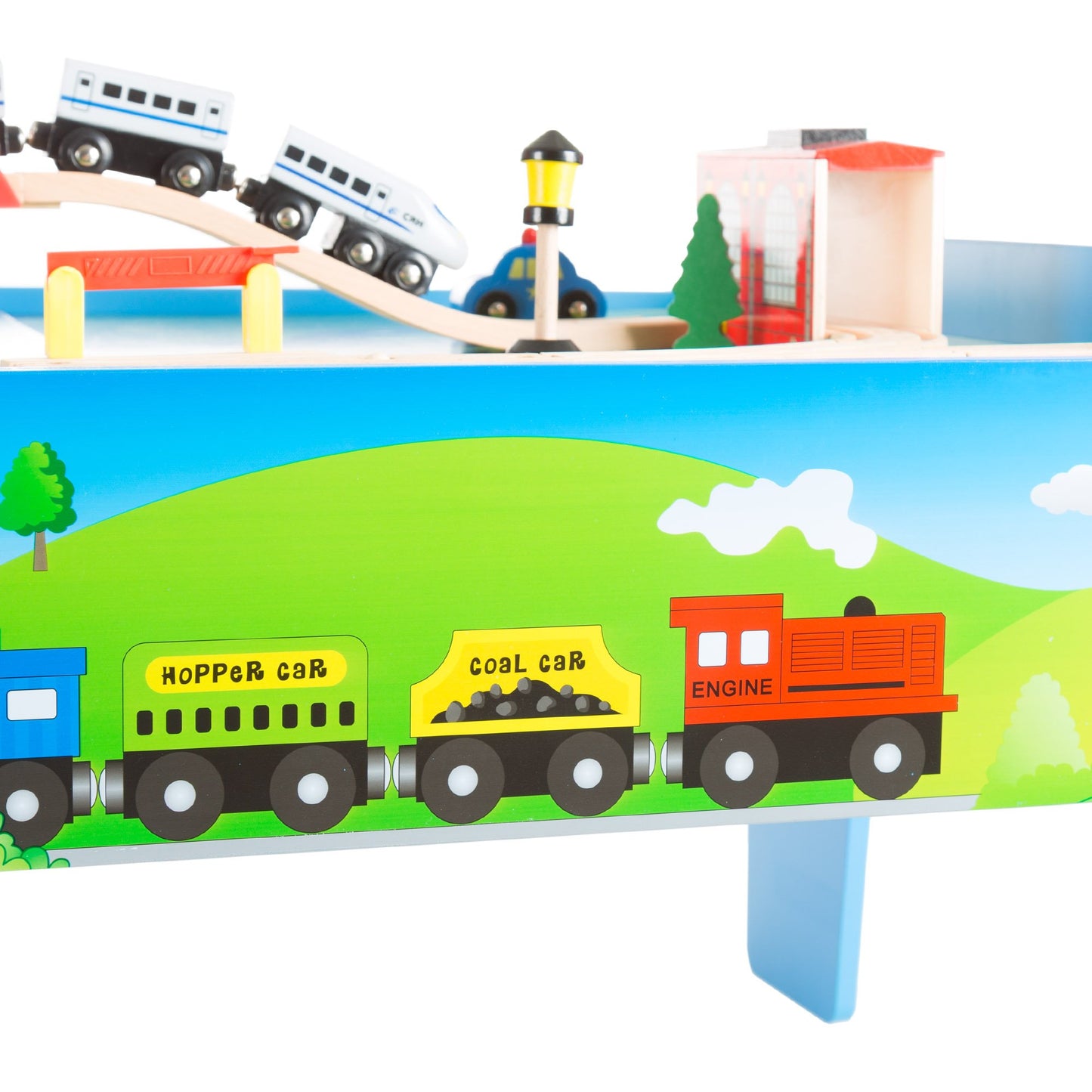 Wooden Train Set Table For Kids, Deluxe Had Painted With Tracks, Cars, Boats, And Accessories For Boys And Girls By Hey! Play!