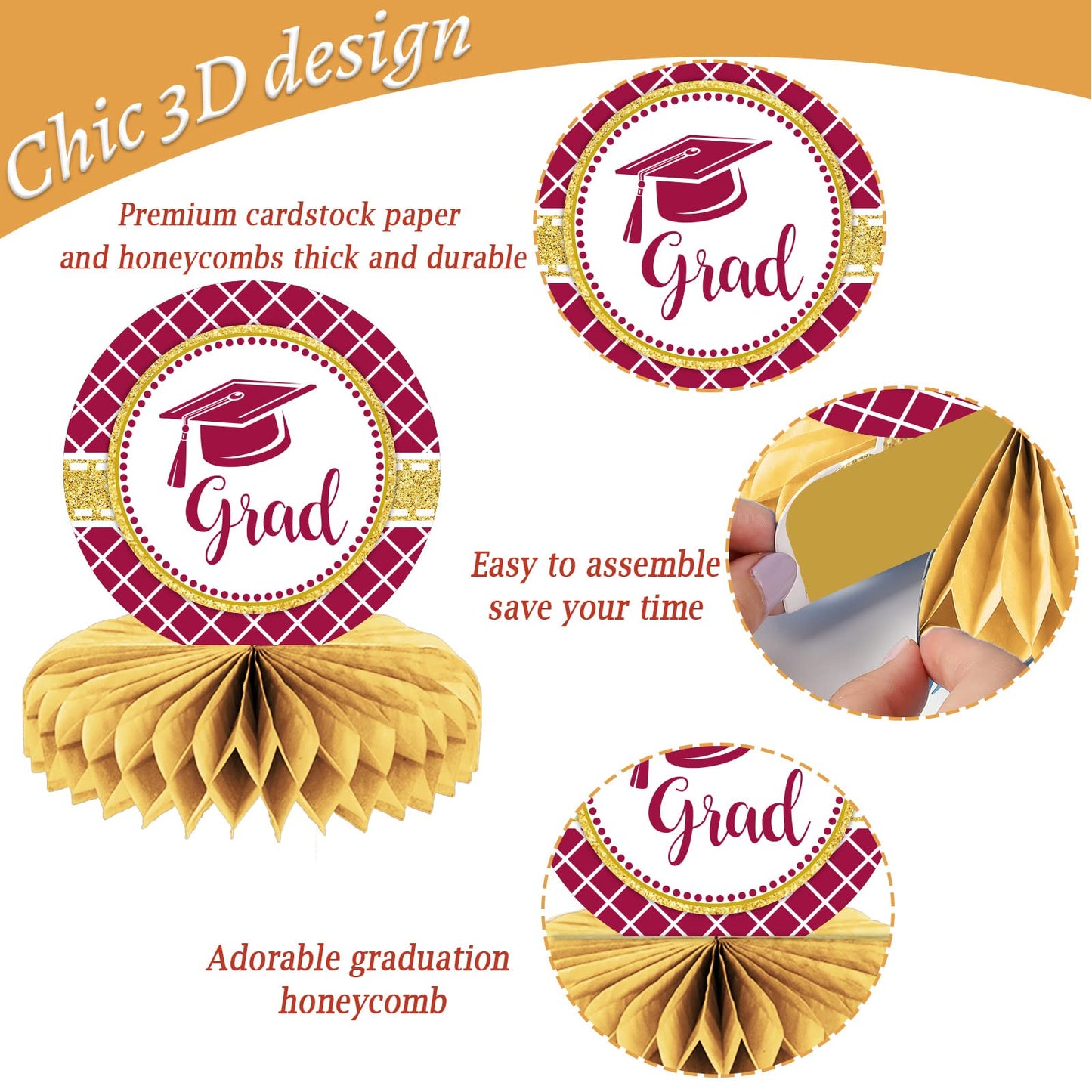 10Pcs Class Of 2023 Graduation Party Decorations 2023 Congrats Grad Honeycomb Centerpieces Congratulate Graduation Table Toppers For Graduation Party Favor Supplies(Maroon)