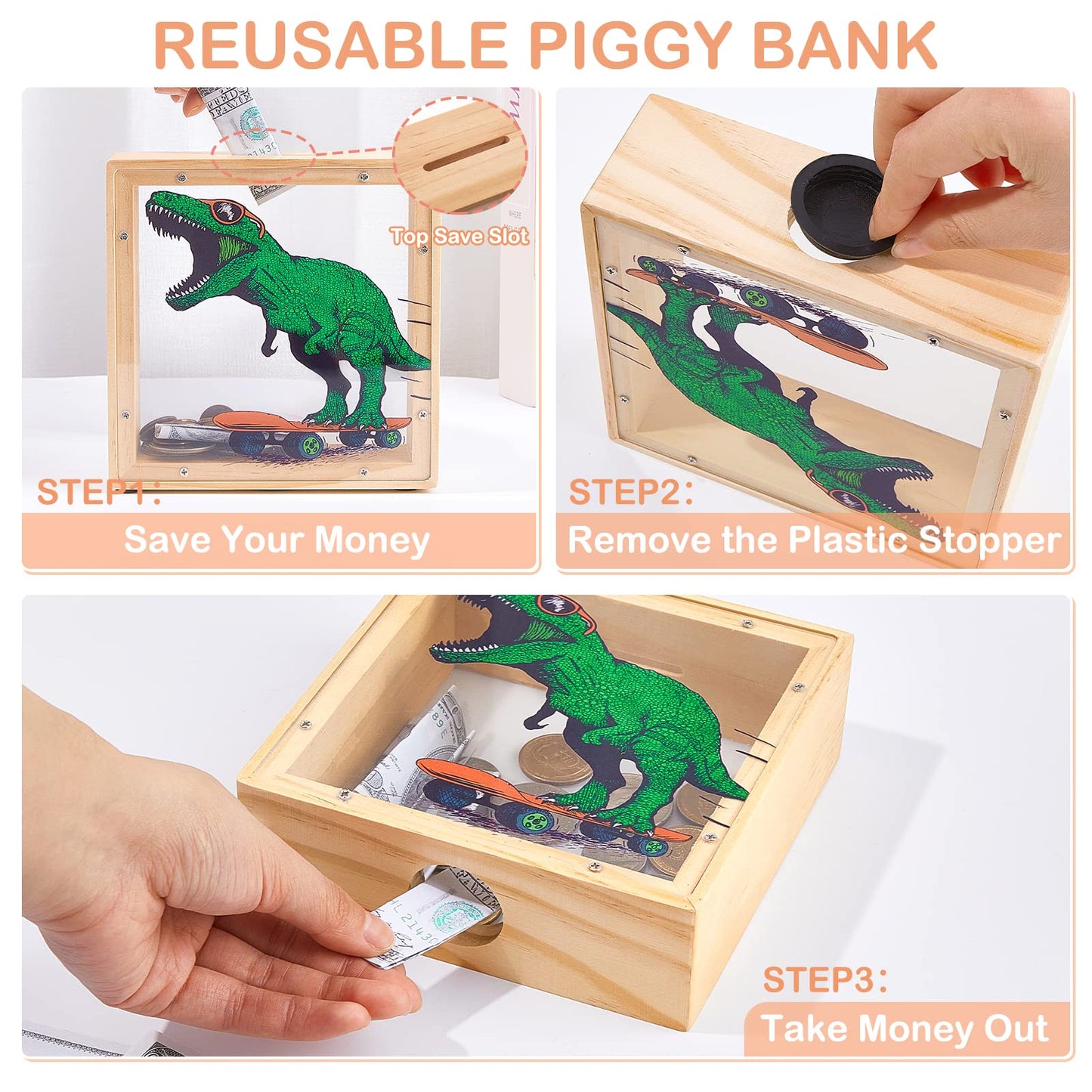 Piggy Bank For Kids, Wooden Money Coin Bank For Boys And Girls, Dinosaur Unicorn Piggy Banks With Diy Stickers For Birthday, Easter Gifts (Green)