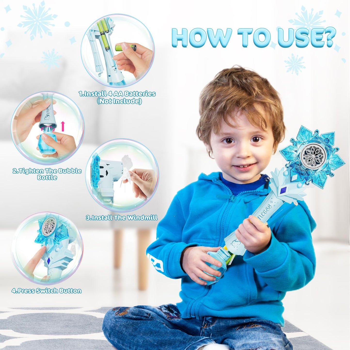 Vatos Bubble Wands 2 Packs For Kids, Automatic Bubble Blower Machine, Light & Music Snowflake Bubble Wand With 2 Windmill & 4 Bottles Bubble Solutions, Bubble Toy For Toddler Girl Boys Adult Party