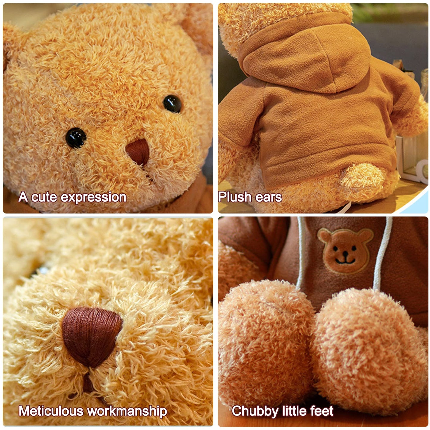 Aucooma Teddy Bear Stuffed Animal Cute Brown Hoodie Bear Plush Toys Gifts For Kids 11.8 Inches