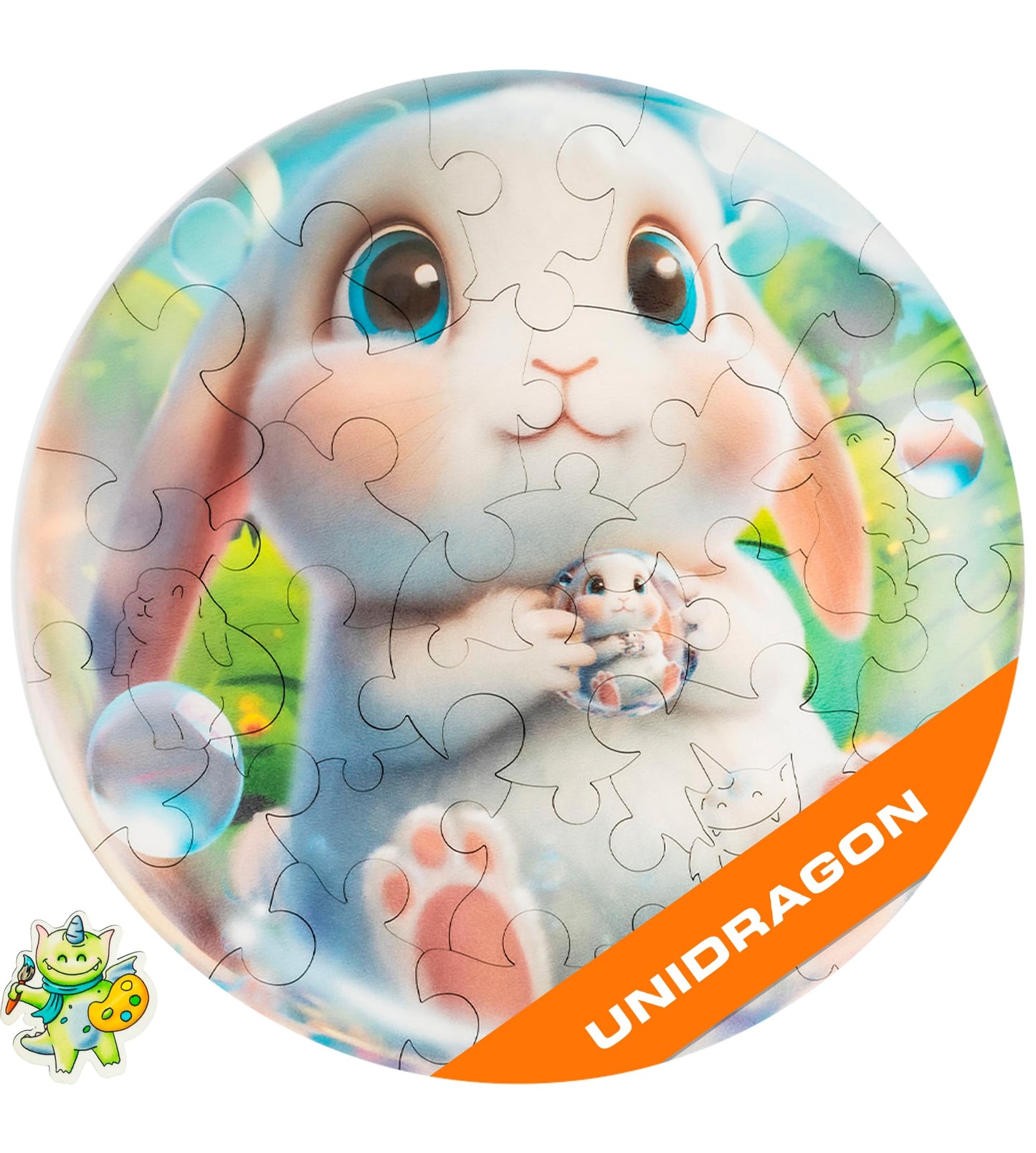 Unidragon Original Wooden Jigsaw Puzzles For Kids Ages 3-5 — Bubblez Rabbit — 30 Pieces Puzzle Round Shape 9.8×9.8 Inches Toddler Kids Activities Tiny Animals Preschool Toys Brain Teasers