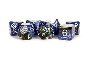 Blue And Black Eternal Resin With White Numbers 16Mm (5/8In) 7 Dice Set Metallic Dice Games