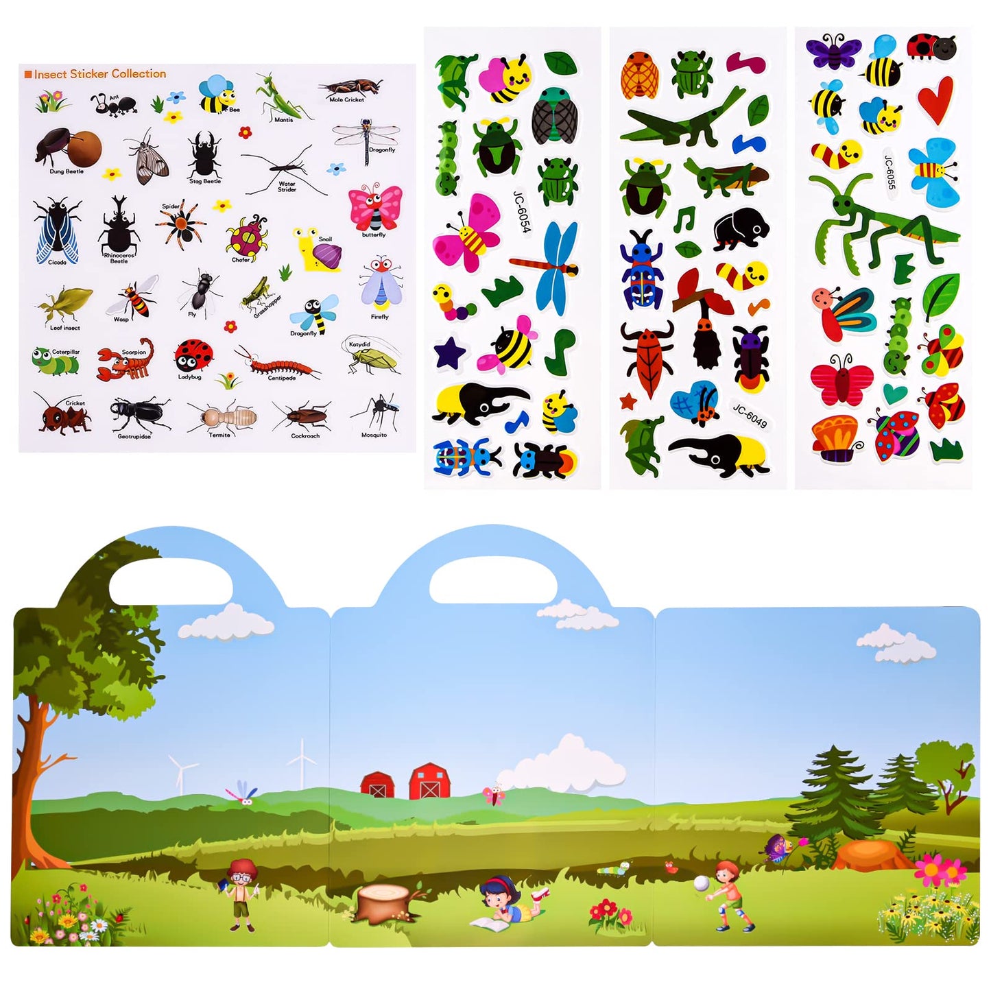 Astaron Reusable 3D Puffy Sticker Book For Kids 2-6, Cute Waterproof Insects Stickers 88 Pcs,Puffy Sticker Game Travel Stickers And Educational Sensory Learning Toy Busy Book,4 Fold-Out Scenes Choices