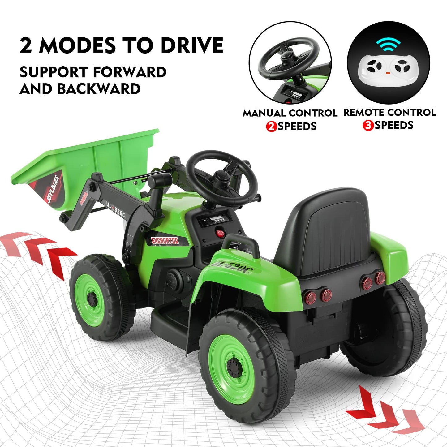 Joyldias 12V Ride On Excavator With 2.4Ghz Remote Control, Electric Construction Vehicle Bulldozer For Kids Digger With 3 Speeds, Bluetooth, Microphone Jack, Music, Lights, Green