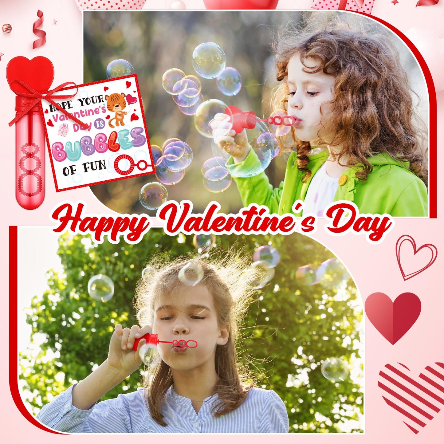 Rotatingpals 24 Set Valentines Day Gifts For Kids, Include 24 Pcs 7.9 X 0.4 Red Heart Bubble Wands With Bubbles Solution, 24
