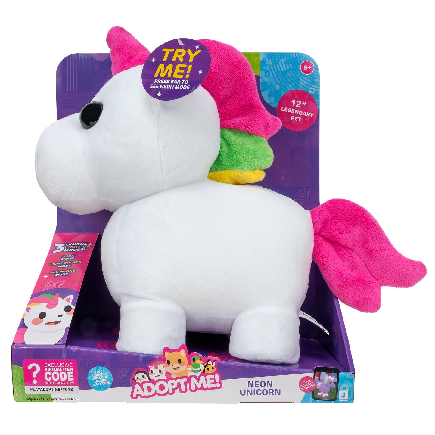 Adopt Me! Luminous Neon Unicorn Soft Toy - Soft And Cuddly - Three Lighting Modes - Directly Inspired By Game No. 1, Toys For Ch