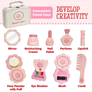 Dragon Drew Wooden Toy Beauty Set - 10 Piece Kit - Girls Salon Set with Makeup, Brush, Mirror and Cosmetics Case - 100% Natural