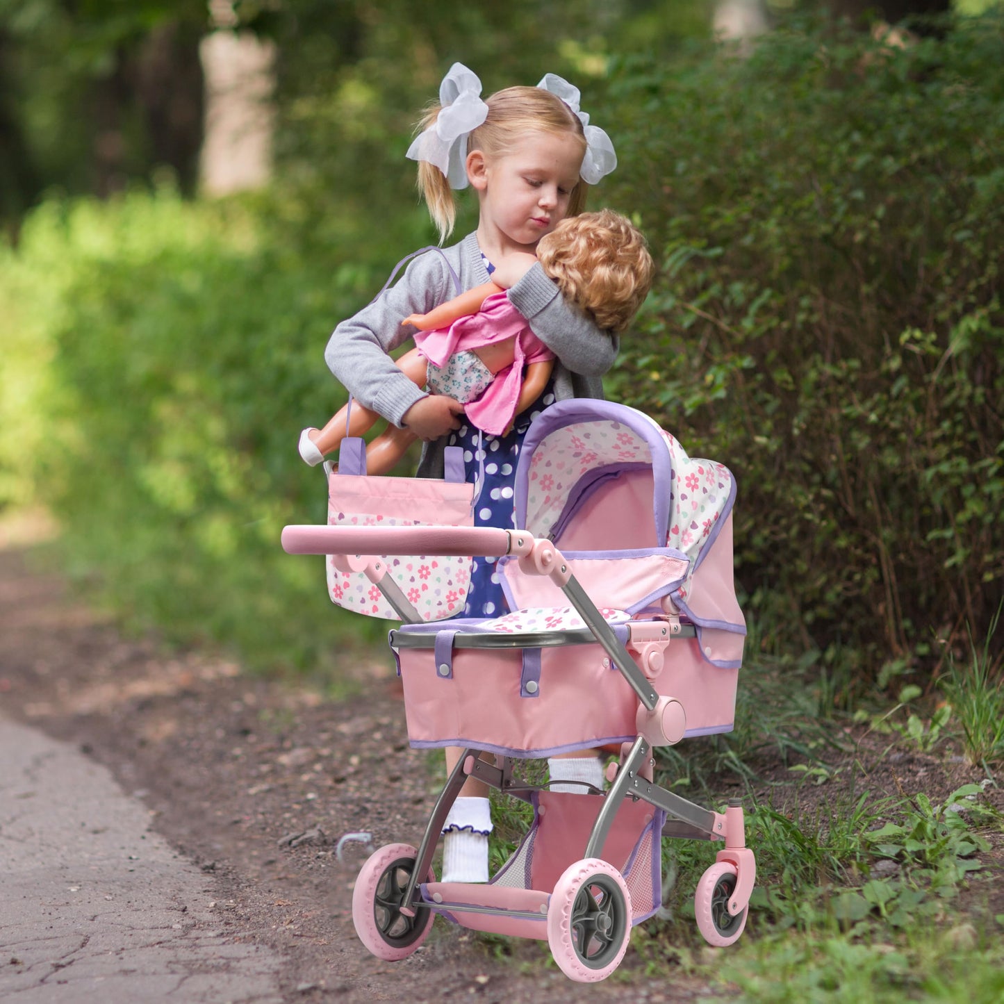 Dolls To Play Baby Doll Convertible Pram Stroller for Kids Adjustable Handle Foldable Buggy Carriage with Canopy and Storage Basket Heavy Duty enhanced Quality Purple - 25 Inch