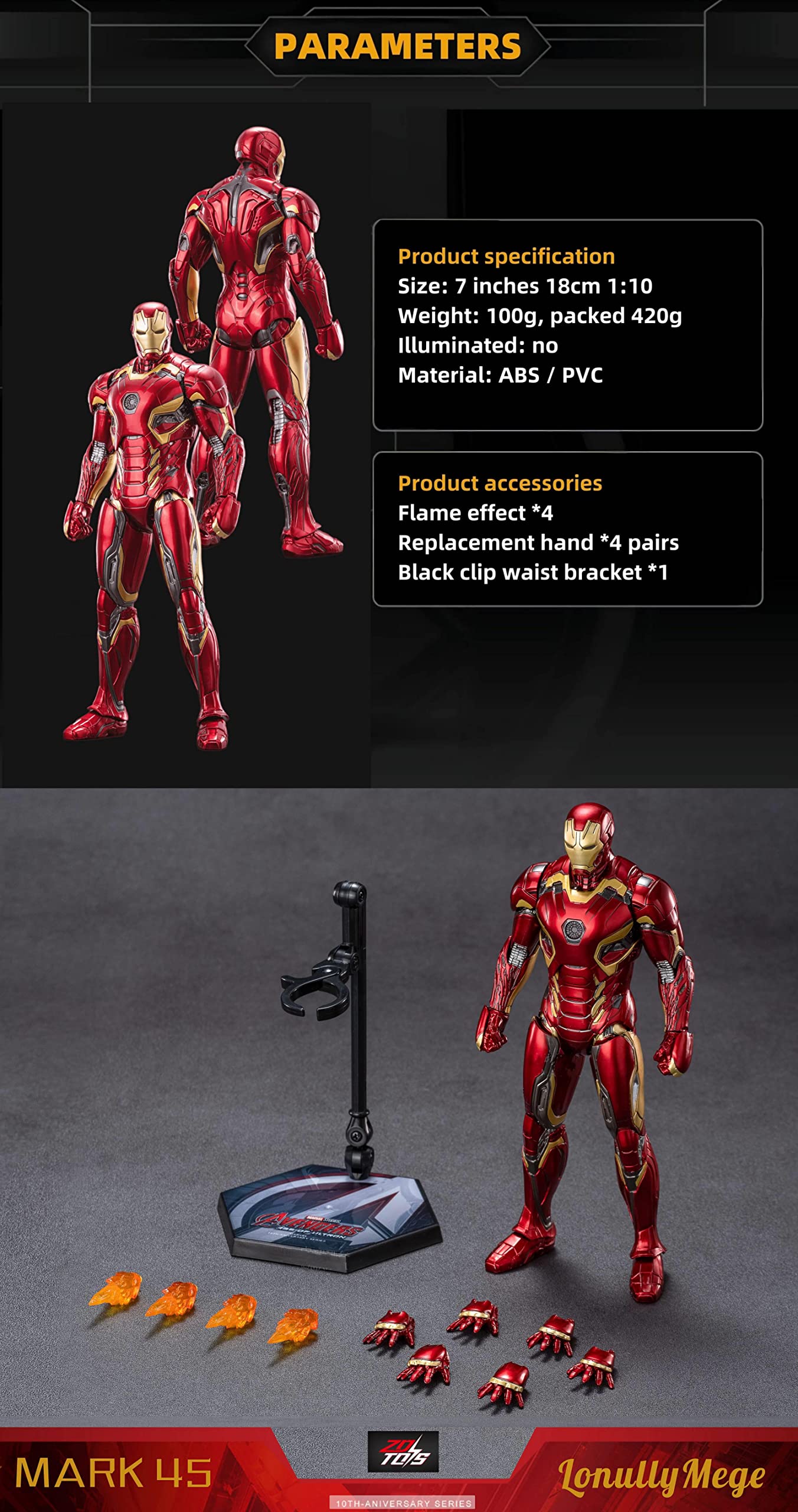 Lonullymege Ironman Mark45 Action Figure-2023 New Released 7 Inch Exquisite Painting Collection Movable Model Toys (1/10 Scale)
