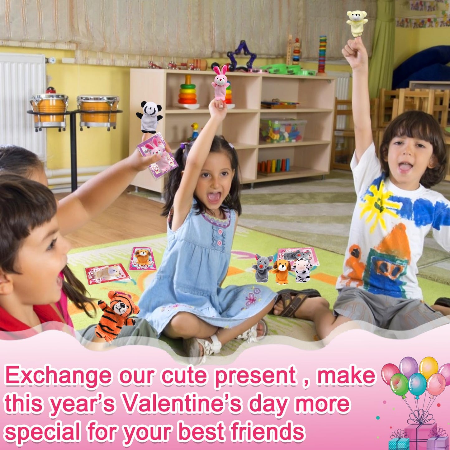Amenon 28 Pack Valentines Day Gifts For Kids With Animal Finger Puppet Plush Toy (7 Designs) Valentines Cards For Kids Boys Girl