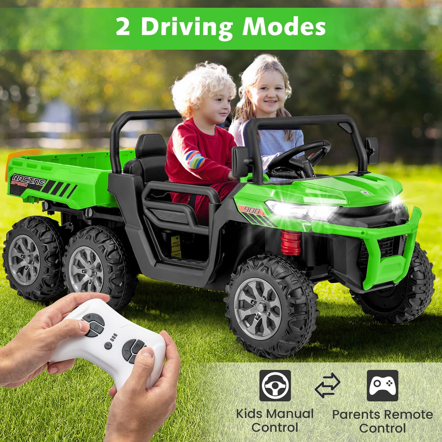 Olakids 24V 2 Seater Ride On Dump Truck, 4Wd 6X6 Battery Powered Kids Utv With Remote Control, 4 X 90W Engine, Electric Dump Bed, Spring Suspension, Ride On Toys For Big Kids (Green)