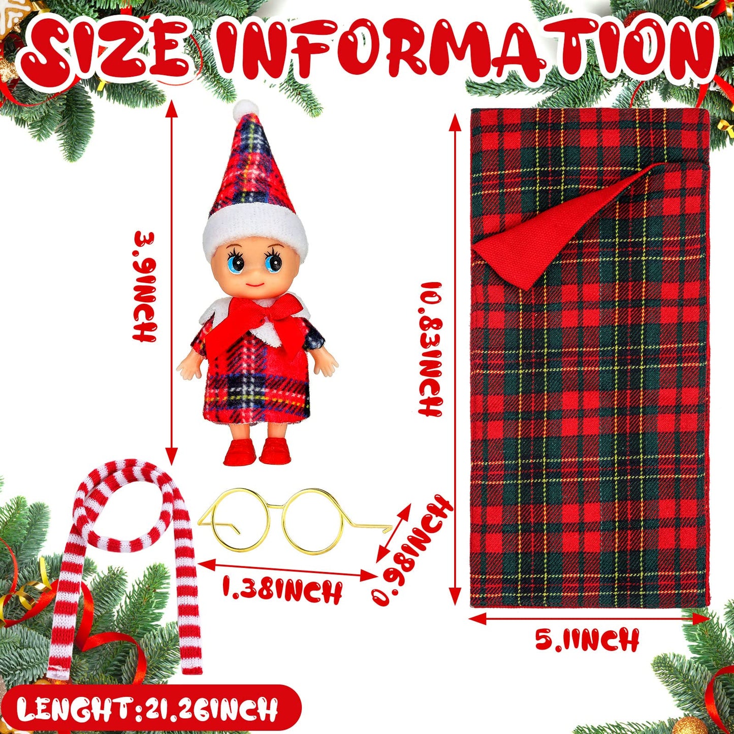 8 Pcs Christmas Elf Clothes Outfits Accessories Include Mini Doll Sleeping Bag Bathrobe Skirt Glasses Boots Red And White Striped Scarf For Christmas Stocking Stuffers Decorations