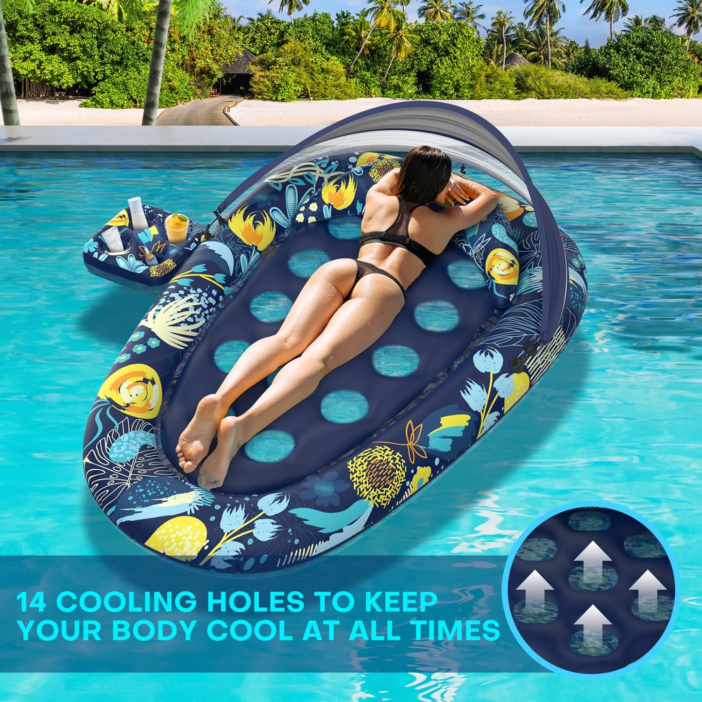 Sunikko X 3-In-1 Pool Floats Lounge, Inflatable Pool Floats For Adults With Canopy And Cup Holder, Flower Star Style