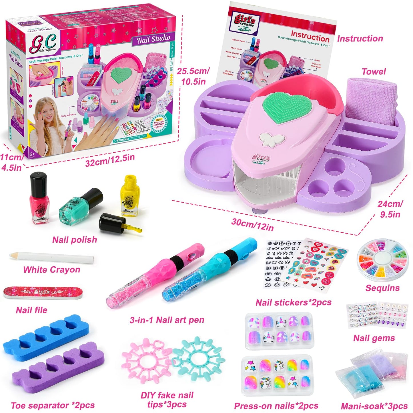 G.C Kids Nail Polish Set for Girls Toy 6-12 Years Old, Nail Art Kit Storage Desk with Nail Dryer&Hand Massage Spa Kit, Kid Manic