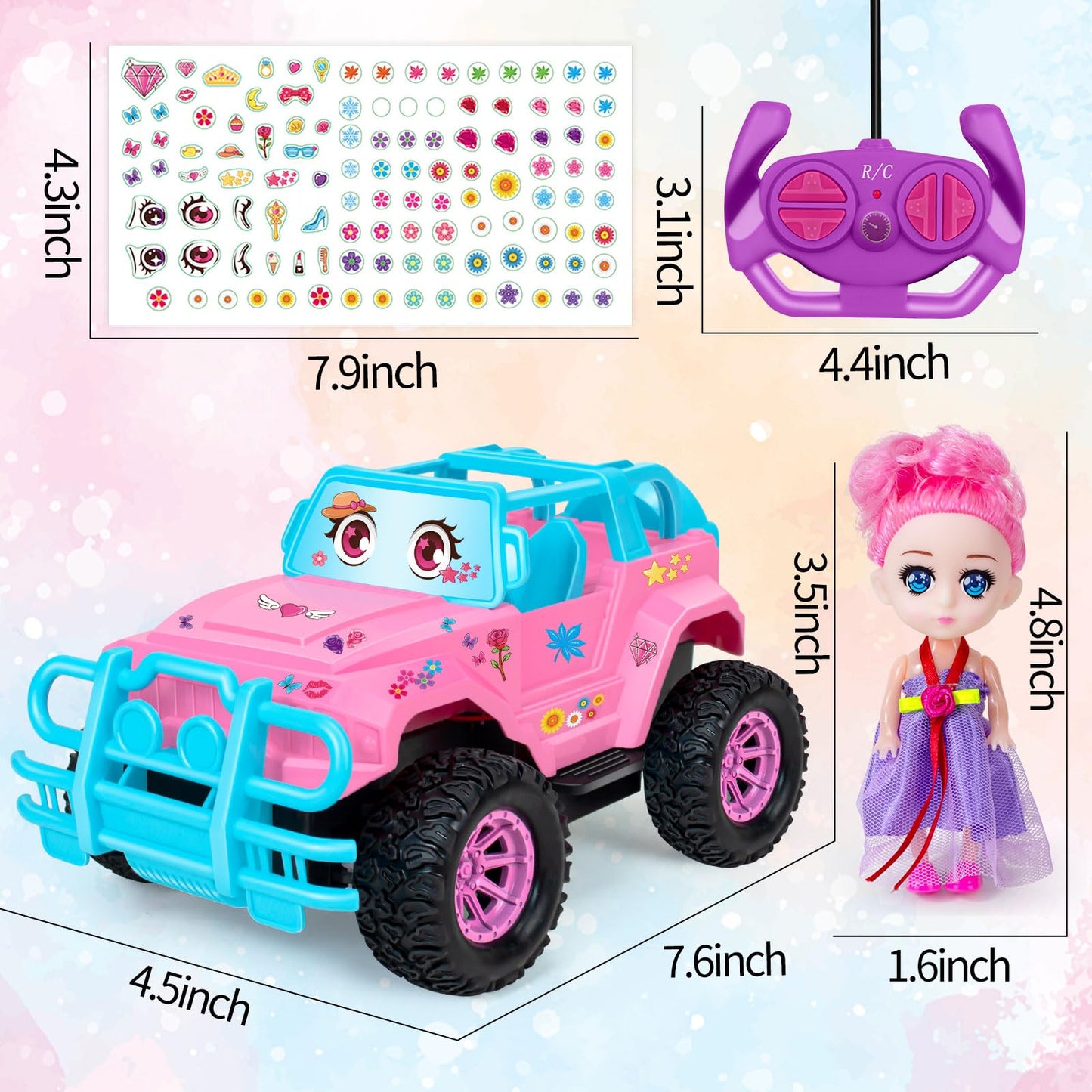 Ynanimery Remote Control Car- RC Truck Car with DIY Stickers and Doll for Kids Girls Birthday, 1:20 Scale RC Truck Full Function