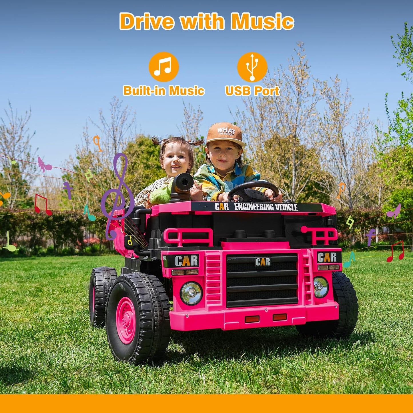 12V Kids Ride On Dump Truck 2-Seater, Electric Ride On Toy Car Construction Vehicle Truck For Girls, Remote Control, Key Start,