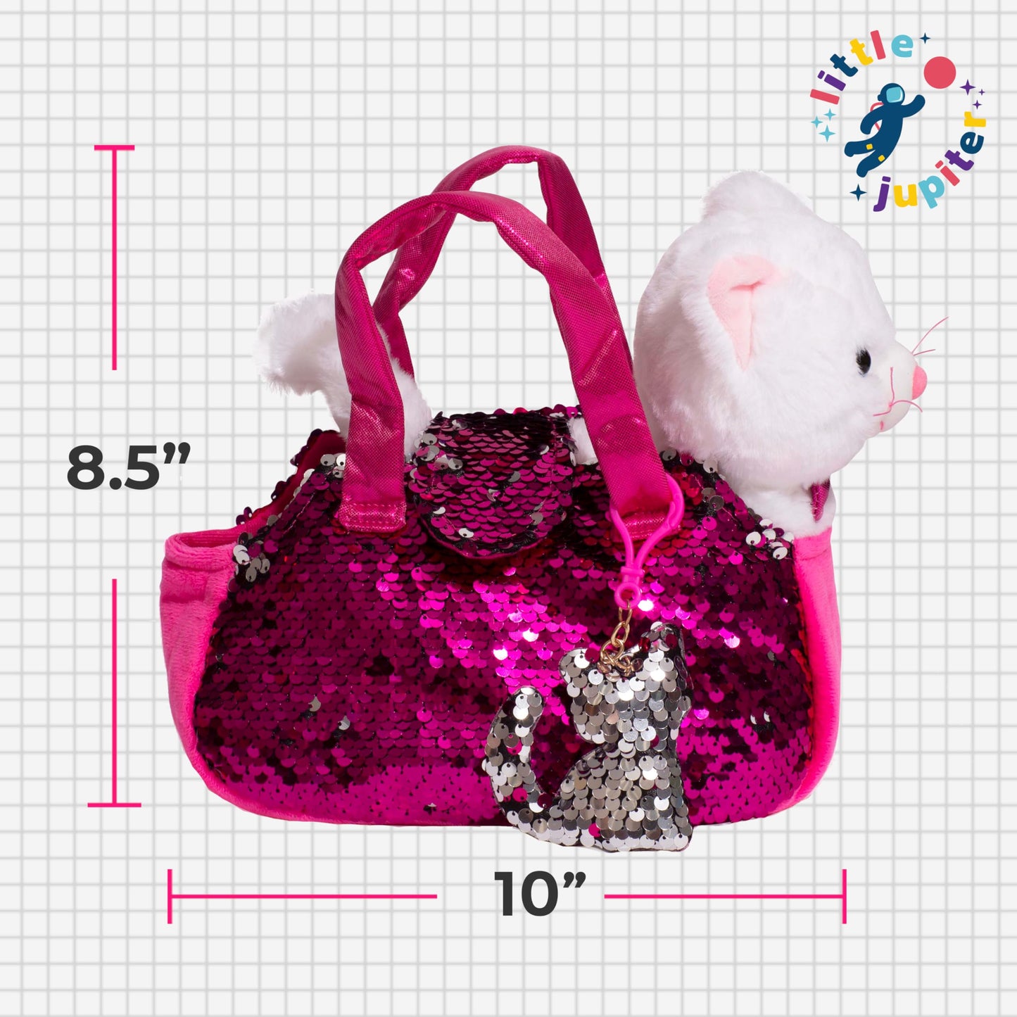 Stuffed Cat Plush Pet Carrier Set With Pink Purse W/ Reversible Sequins & Charm - Cat Stuffed Animals - White Cat Stuffed Animal