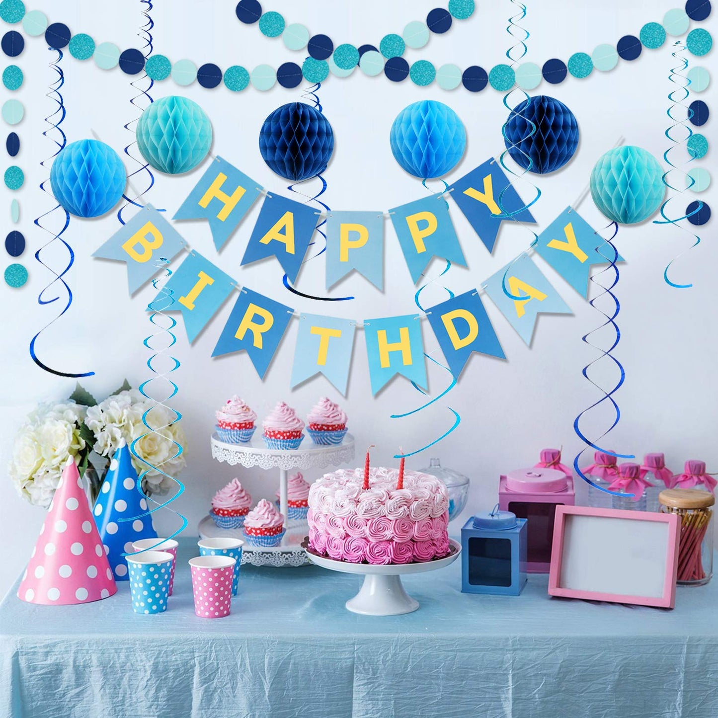 Blue Birthday Decorations with Happy Birthday Banner, Paper Honeycomb Balls, Circle Garland and Hanging Swirl Decorations, Birth