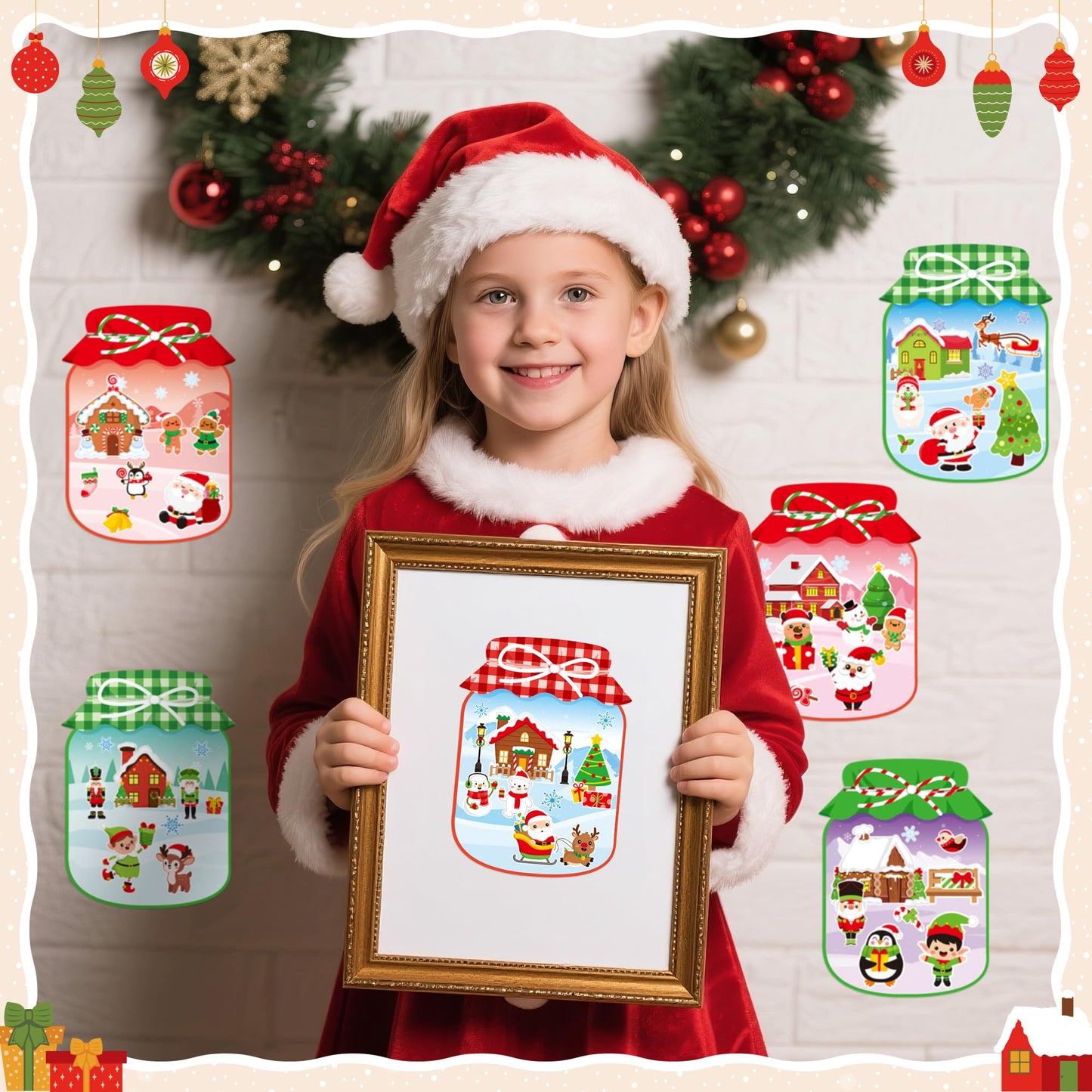CY2SIDE Christmas Snowy Jar Scene Sticker - 12 Set Red and Green Winter Sticker Art Craft for Kids Holiday Project, Make a Snowy