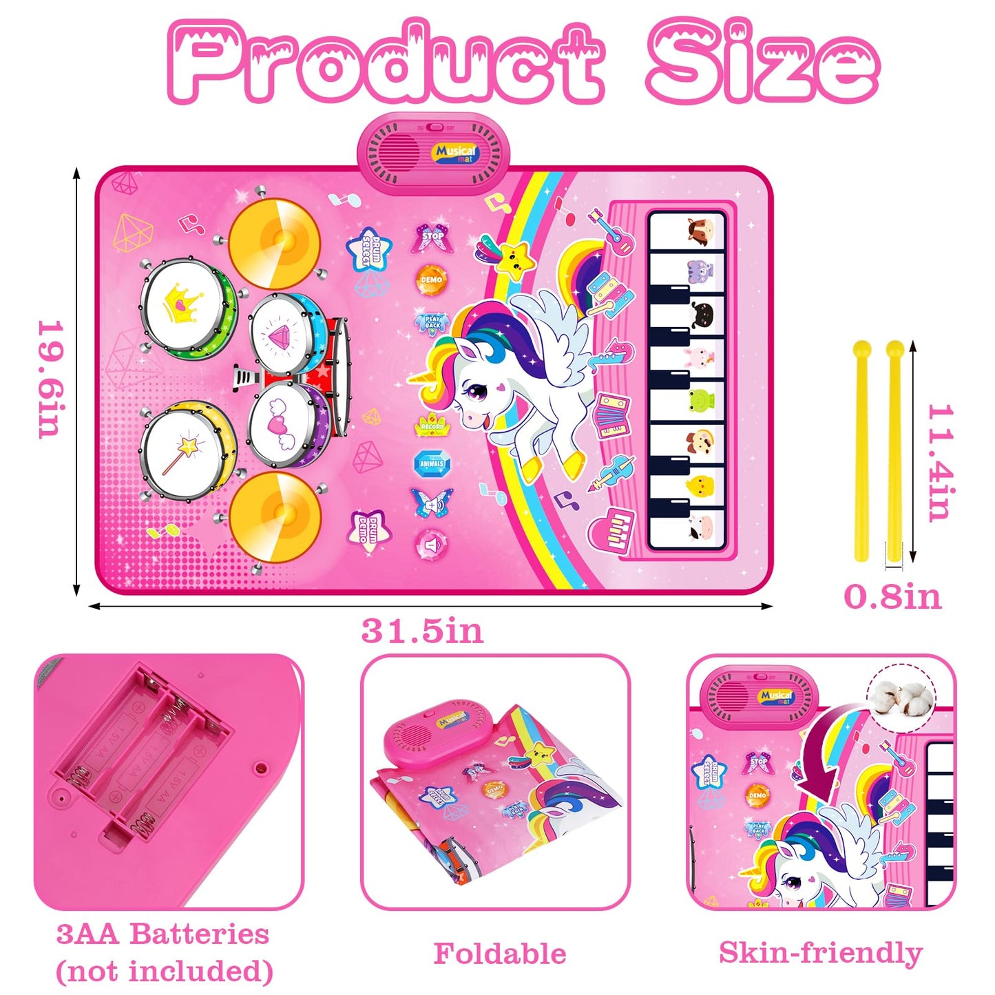 Baby Music Mat: 3 In 1 Piano Drum Animal Touch Unicorn Toys - Infant Musical Toy For 1-2 Year Olds