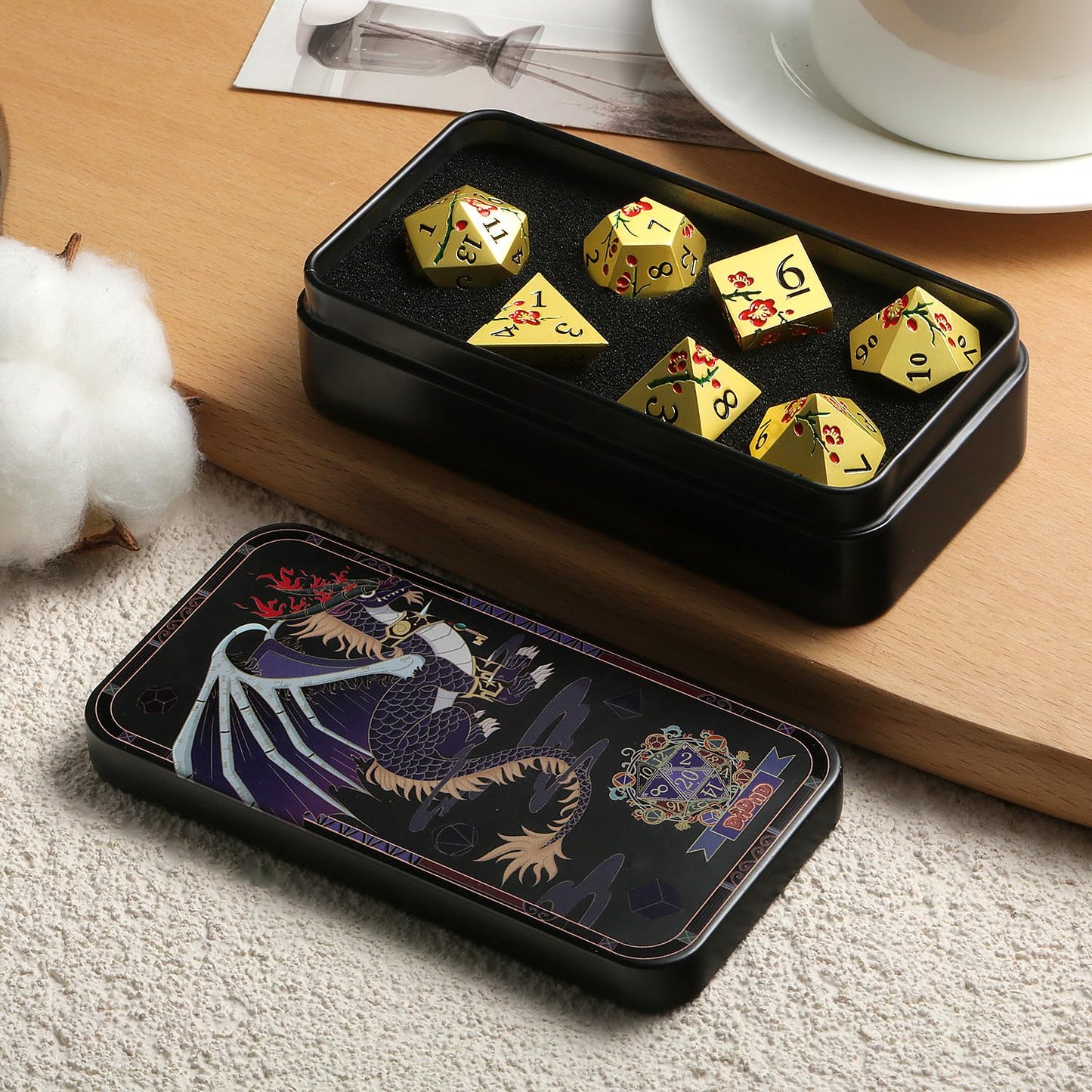 DNDND Flowers Metal Dice, 7 PCS Metallic DND Dice with Grogeous Gift Case for D&D Dungeons and Dragon Tabletop Game (Red Flowers