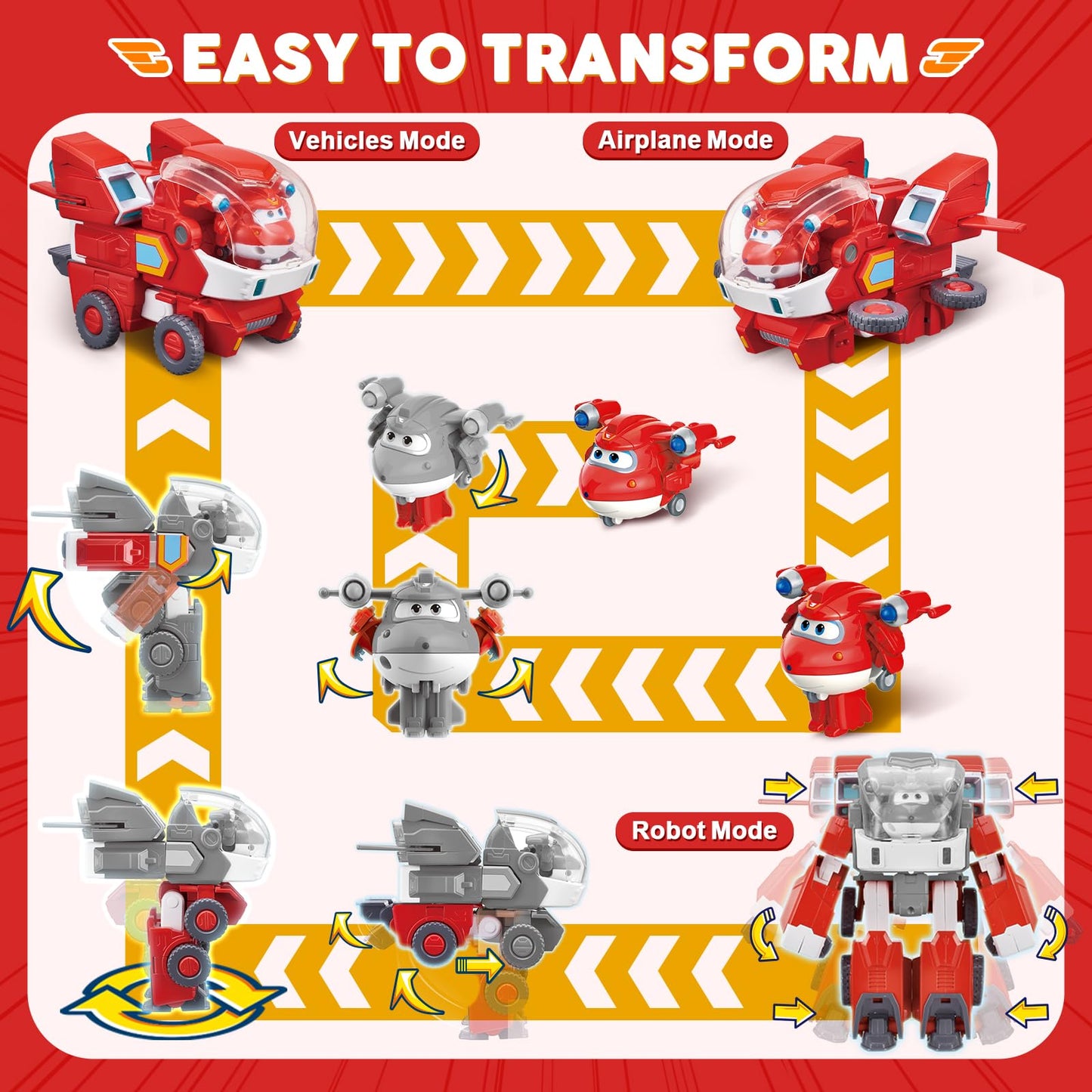 Super Wings Toys, 7 Inch Jett'S Super Mecha Transforming Robot, Transforming From Toy Plane To Robot Just 14 Steps, Action Figures Toy For Kids Ages 3 And Up, Gifts For Boys And Girls