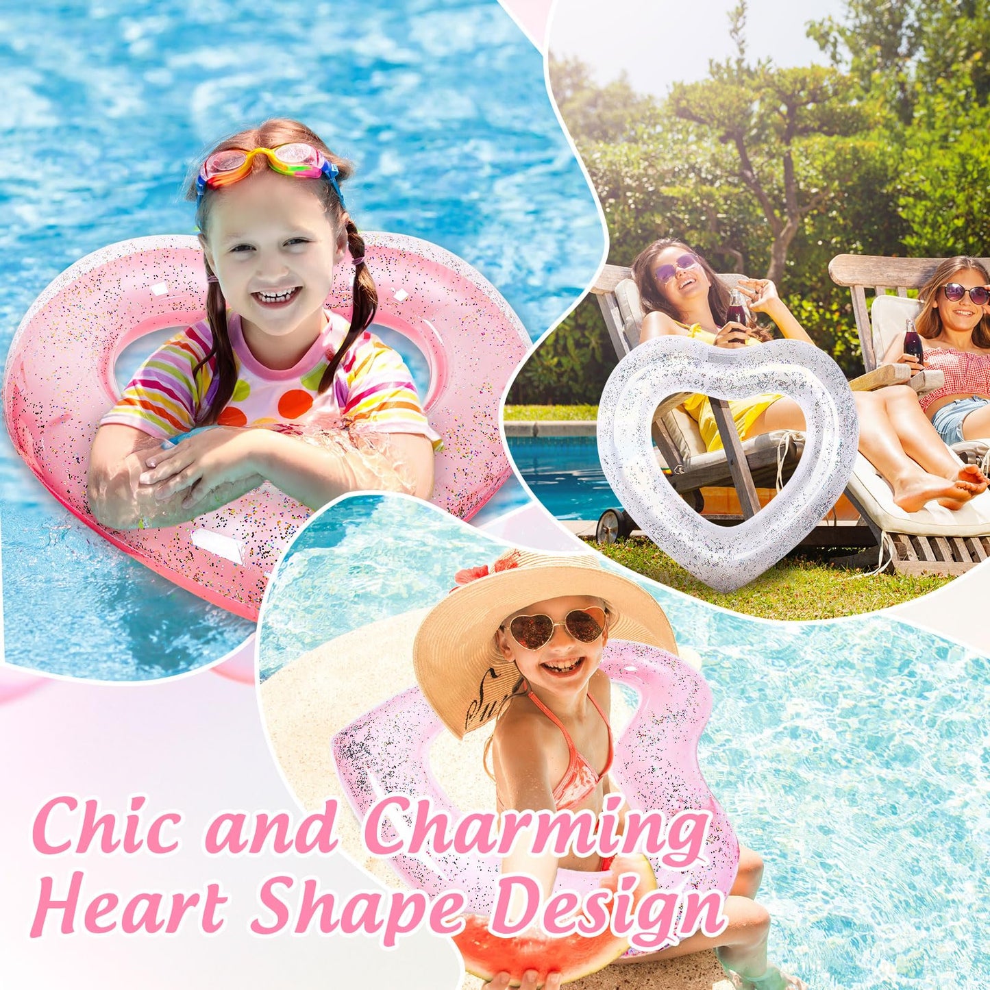 Whaline 3Pcs Inflatable Heart Pool Float With Glitter Inside Rose Gold Pink White Swim Heart Shaped Pool Rings Float Loungers Tube For Summer Swimming Pool Beach Bachelorette Party, 47.3 X 39.4 Inch