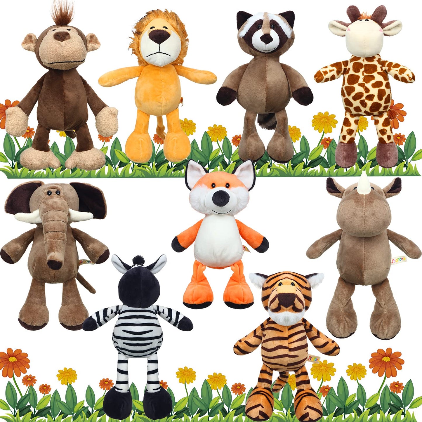 9 Pcs Plush Jungle Animals Toys Jungle Safari Stuffed Animals Bundle 9.9 Inch Cute Toys Includes Tiger Lion Elephant Monkey Zebr