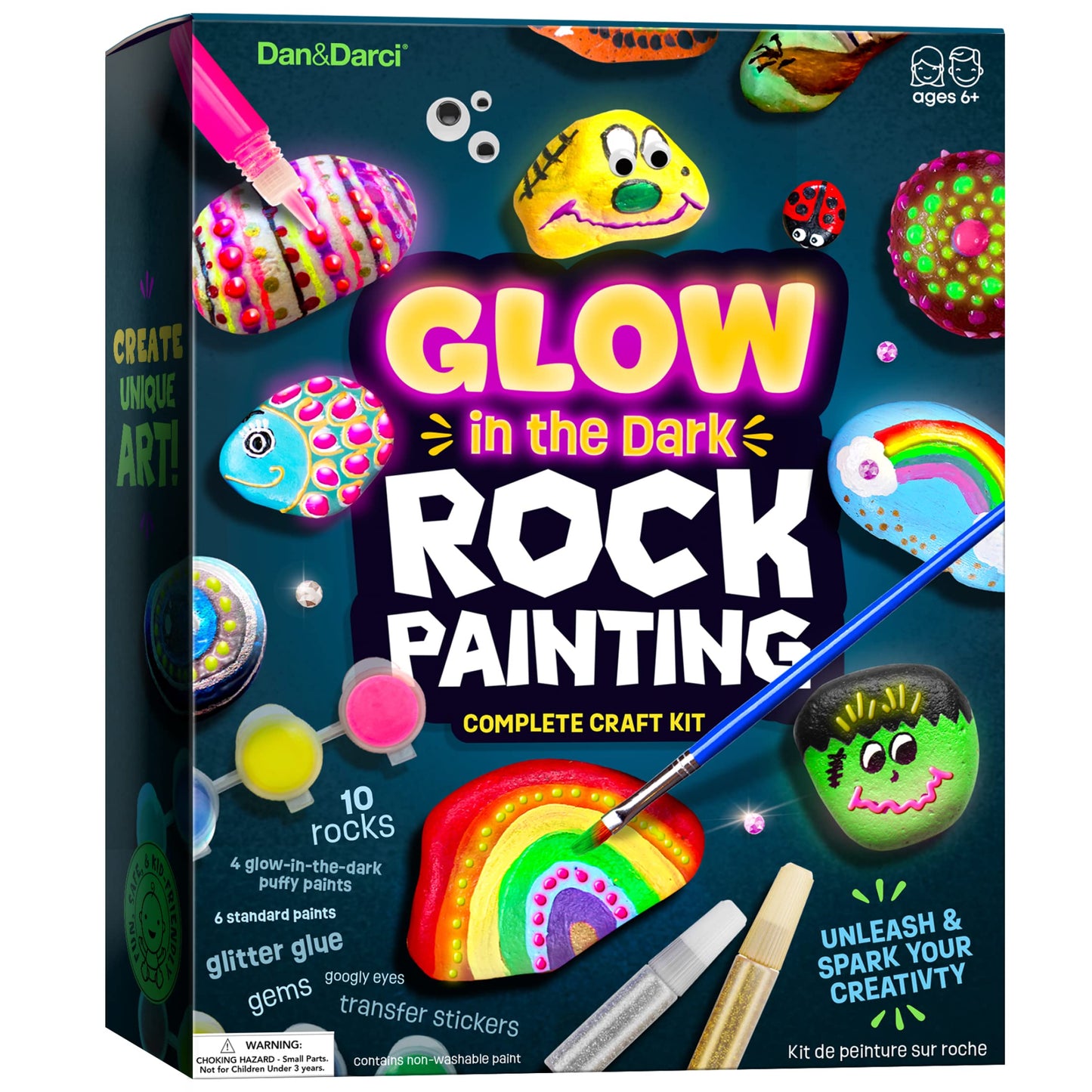 Dan&Darci Kids Rock Painting Kit - Glow In The Dark - Arts & Crafts Easter Gifts For Boys And Girls Ages 6-12 - Craft Activities Kits - Creative Art Toys For 6, 7, 8, 9, 10, 11 & 12 Year Old Kid