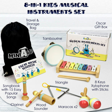 MINIARTIS Baby Musical Instruments - Montessori Wooden Percussion Set, Neutral Colors, Xylophone with 15 Songbook for Toddlers 1-3