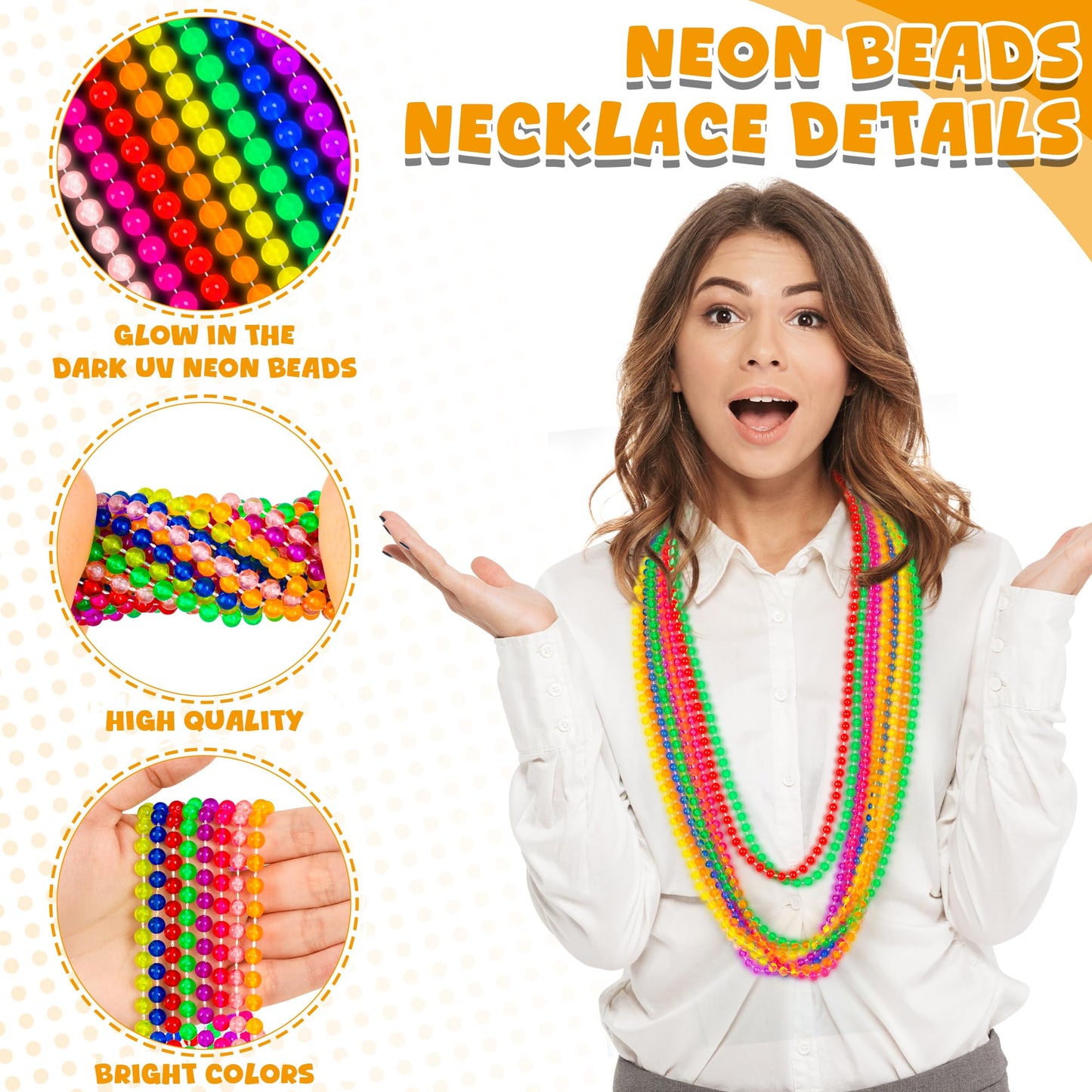 EOBOH 100PCS Mardi Gras Beads, Metallic Colorful Glow in The Dark Bead Necklaces, 33 Light up Neon Necklace for Costume Party Fa