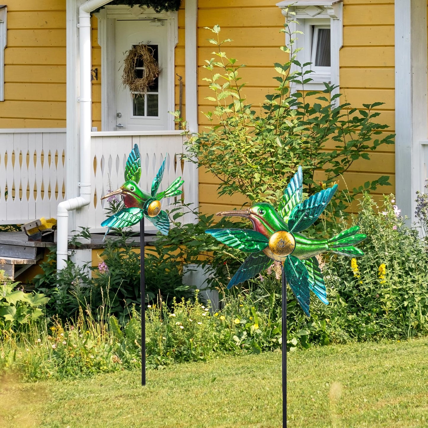 Wonder Garden Wind Spinners Outdoor - 2 Pack Small Metal Hummingbird Green Wind Spinner Windmill, Wind Sculpture For Yard Patio